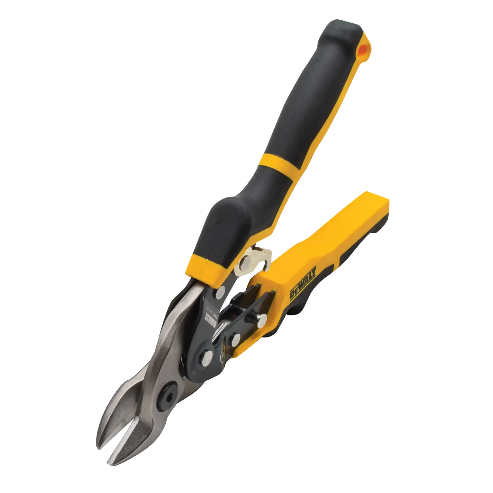 A DEWALT aviation snip with yellow and black ergonomic handles, designed for cutting metal sheets, shown against a white background.