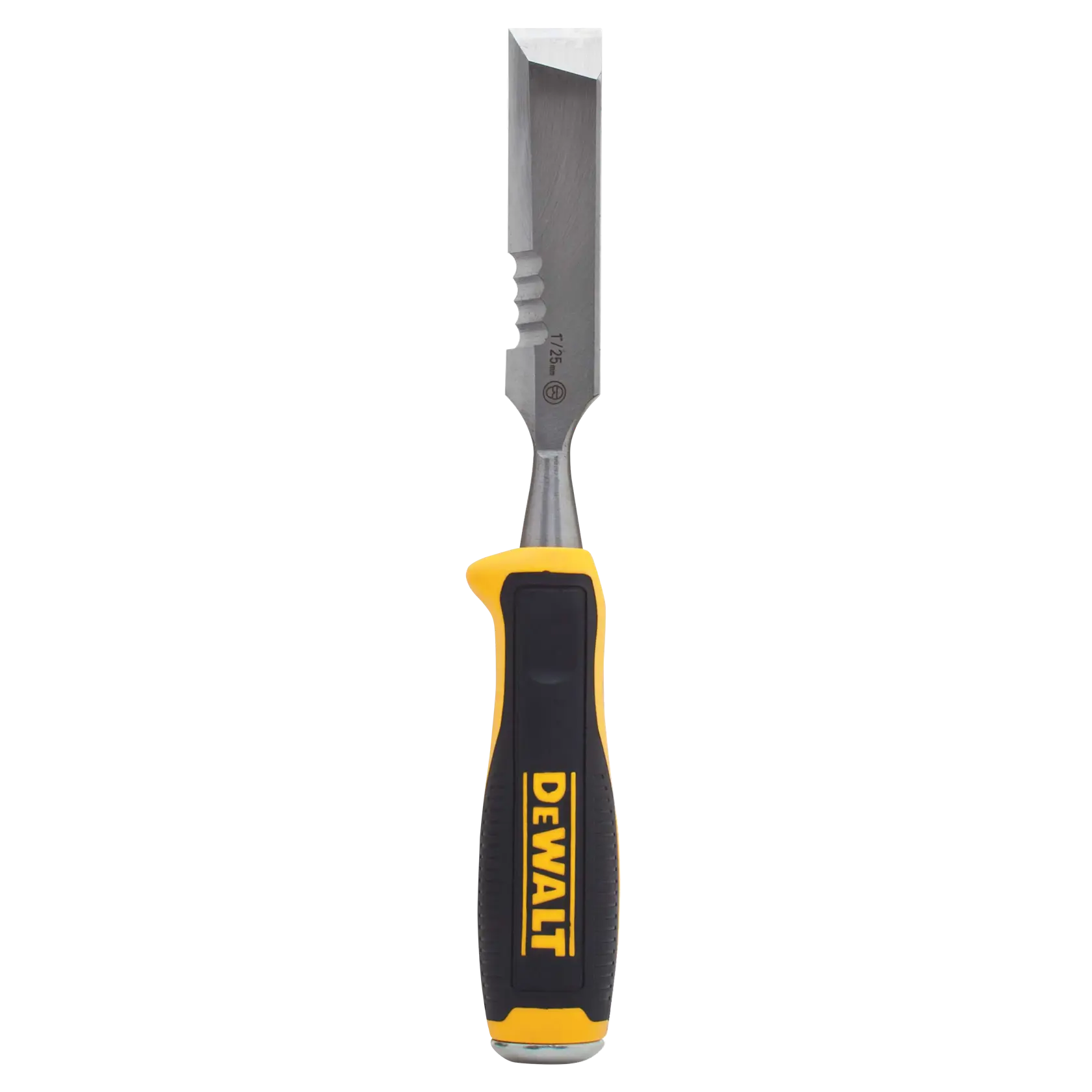 A DEWALT wood chisel with a yellow and black ergonomic handle and a metal blade, photographed on a white background.