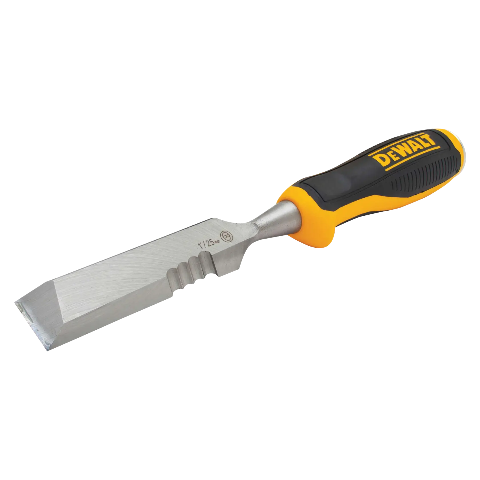 A DEWALT wood chisel with a yellow and black ergonomic handle and a metal blade.