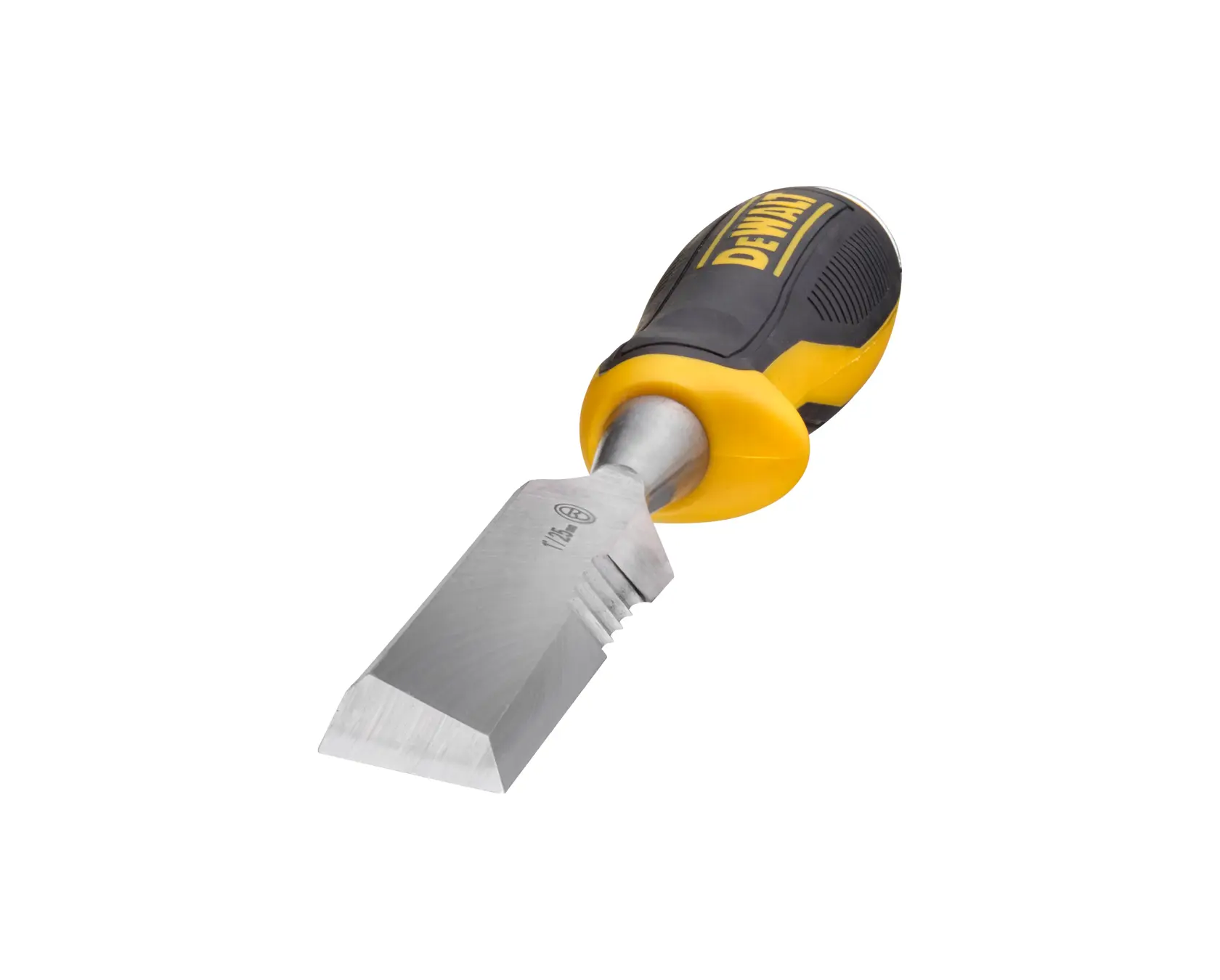 A person wearing yellow work gloves uses a DEWALT chisel and a hammer to carve a piece of wood inside a wooden structure.