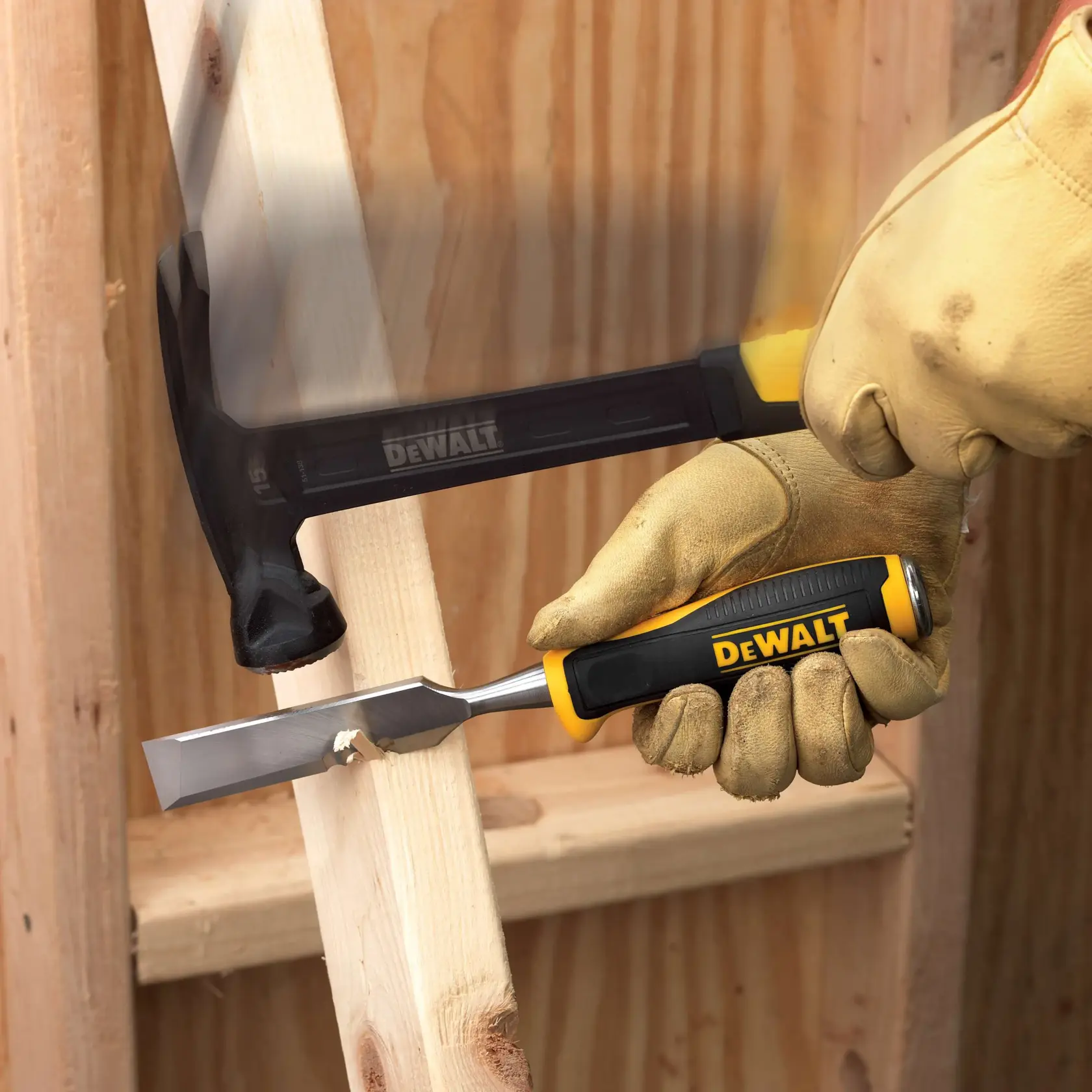 A DEWALT wood chisel with a yellow and black ergonomic handle and a metal blade, photographed on a white background.
