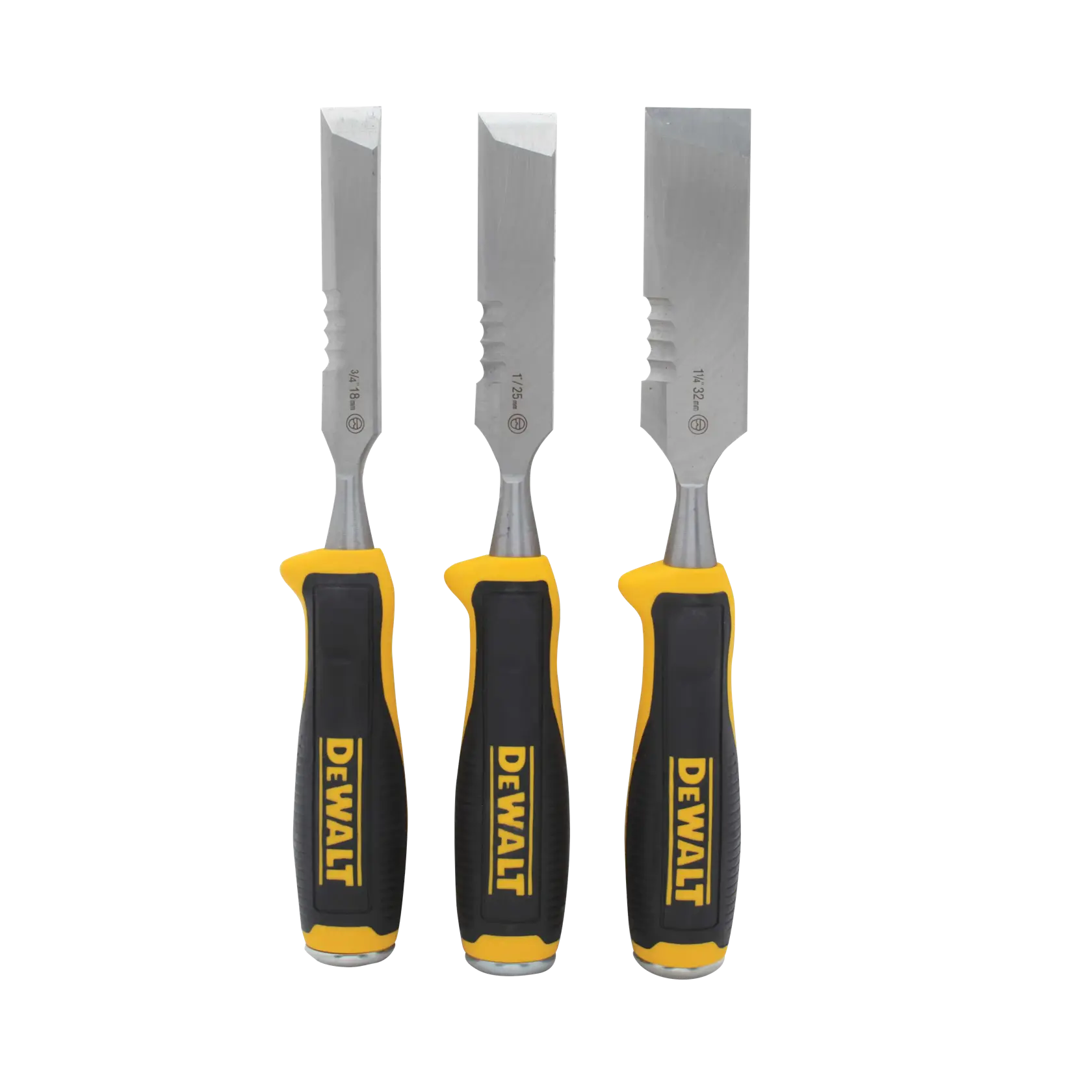 Three DEWALT woodworking chisels with black and yellow handles, displayed upright in a row.