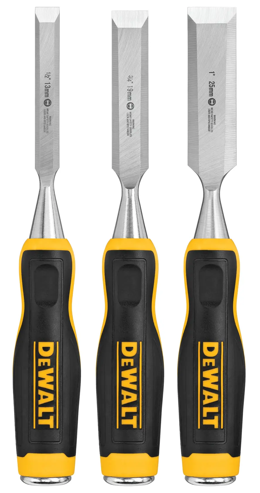 Three DEWALT wood chisels with black and yellow handles and silver blades, arranged upright side by side. The chisels are labeled with different blade widths: 1/2 inch, 3/4 inch, and 1 inch.