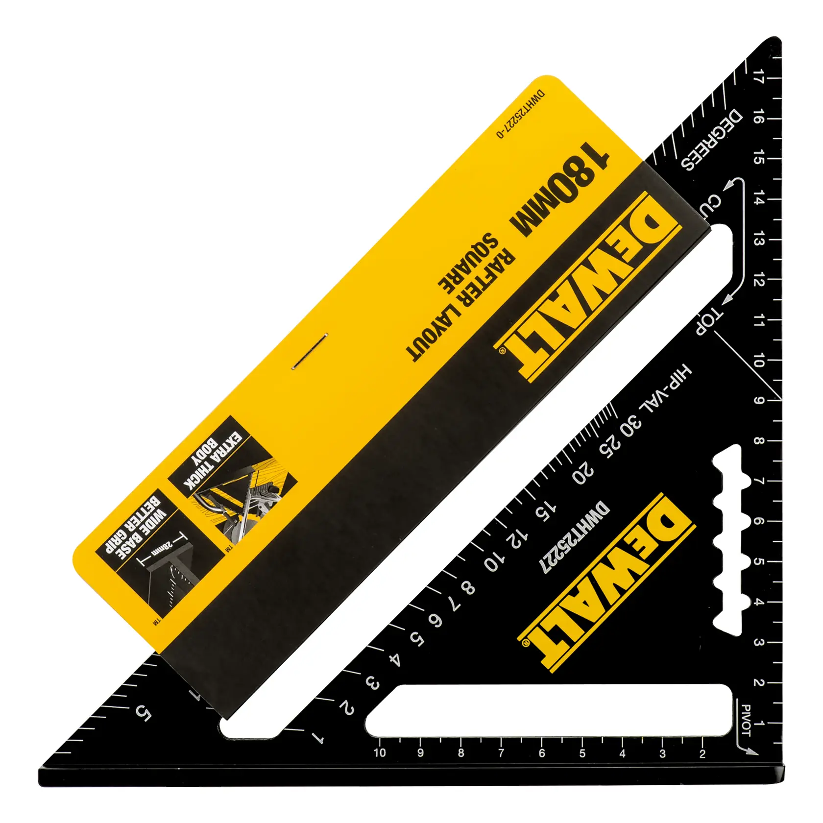 A DEWALT 180mm rafter layout square in black, shown with its yellow and black branded packaging. The tool features measurement markings in white and is designed for precise layout work.