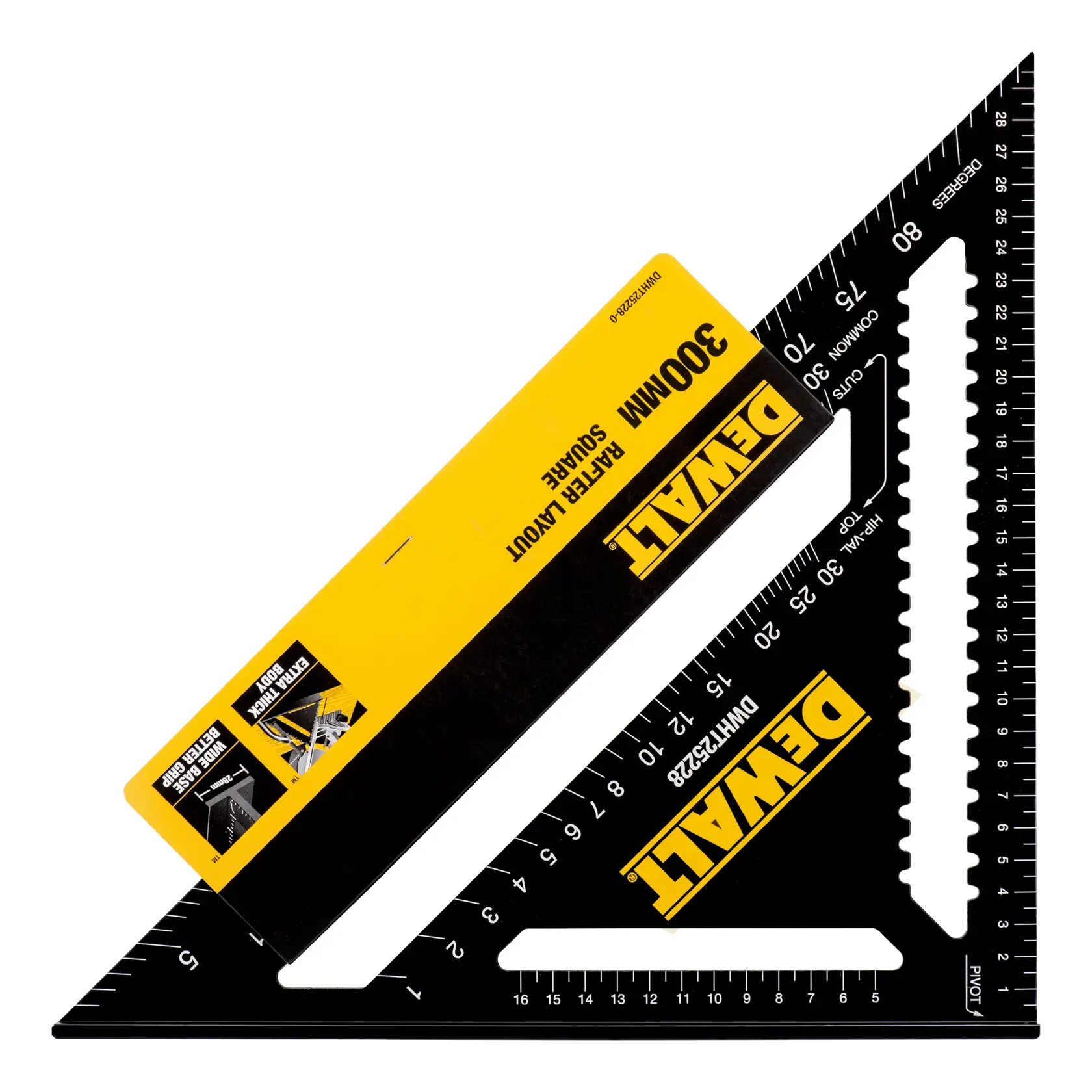 A DEWALT 300mm rafter layout square, model DWHT25228-0, with black body and yellow branding, used for measuring and marking angles in construction and woodworking.