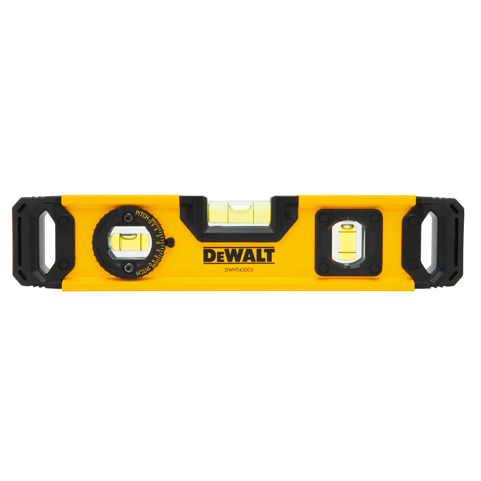 A yellow and black DEWALT DWHT43003 box level tool with three bubble vials for measuring level and pitch, featuring ergonomic end caps and a clear DEWALT logo in the center.