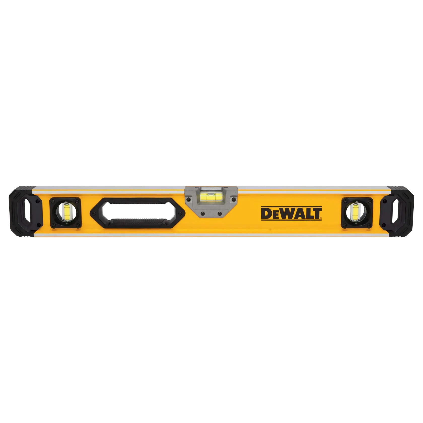 A yellow DEWALT spirit level with three bubble vials and a black handle in the center, designed for measuring horizontal and vertical level surfaces.