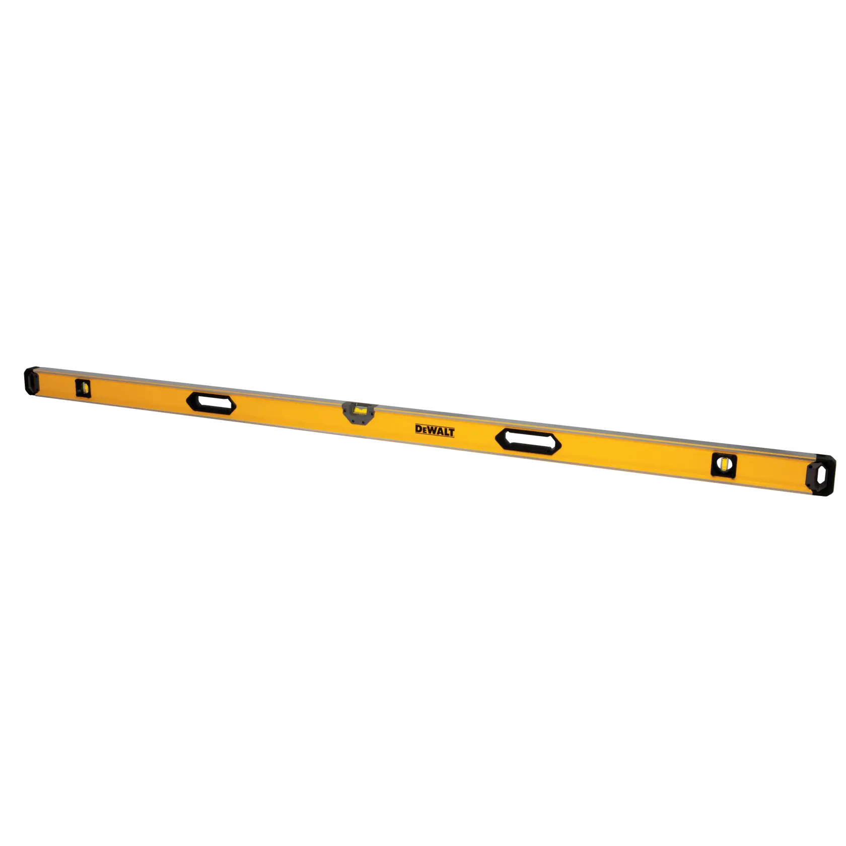 A DEWALT yellow and black spirit level tool with multiple bubble vials and ergonomic hand grips, designed for precise leveling in construction and carpentry.