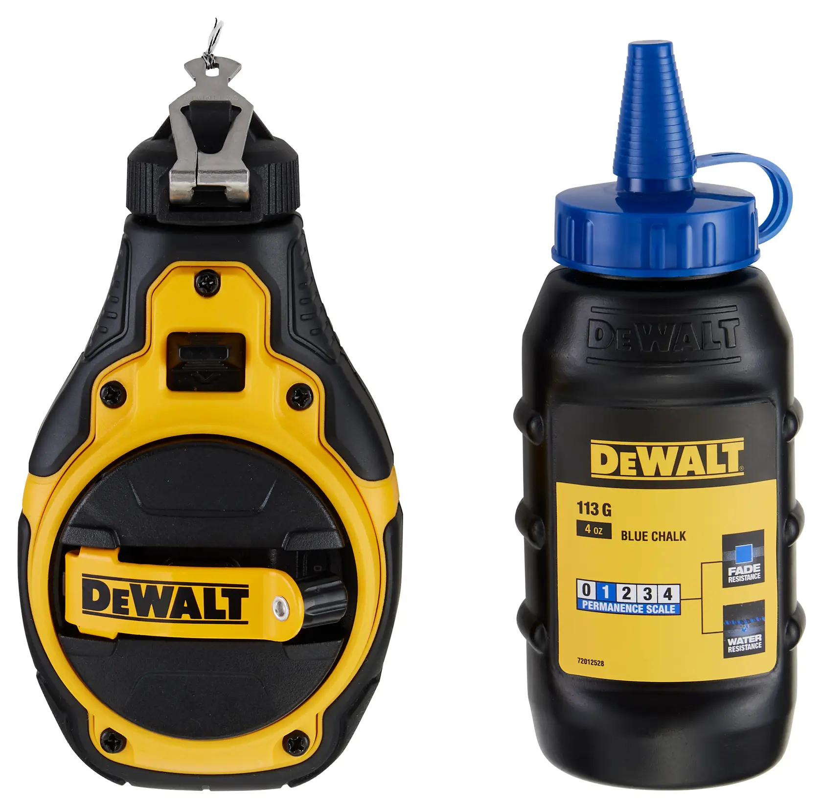 Two DEWALT products are shown side by side. On the left is a DEWALT chalk line reel with a yellow and black sturdy design. On the right is a bottle of DEWALT blue chalk, labeled with fade resistance and water resistance information.