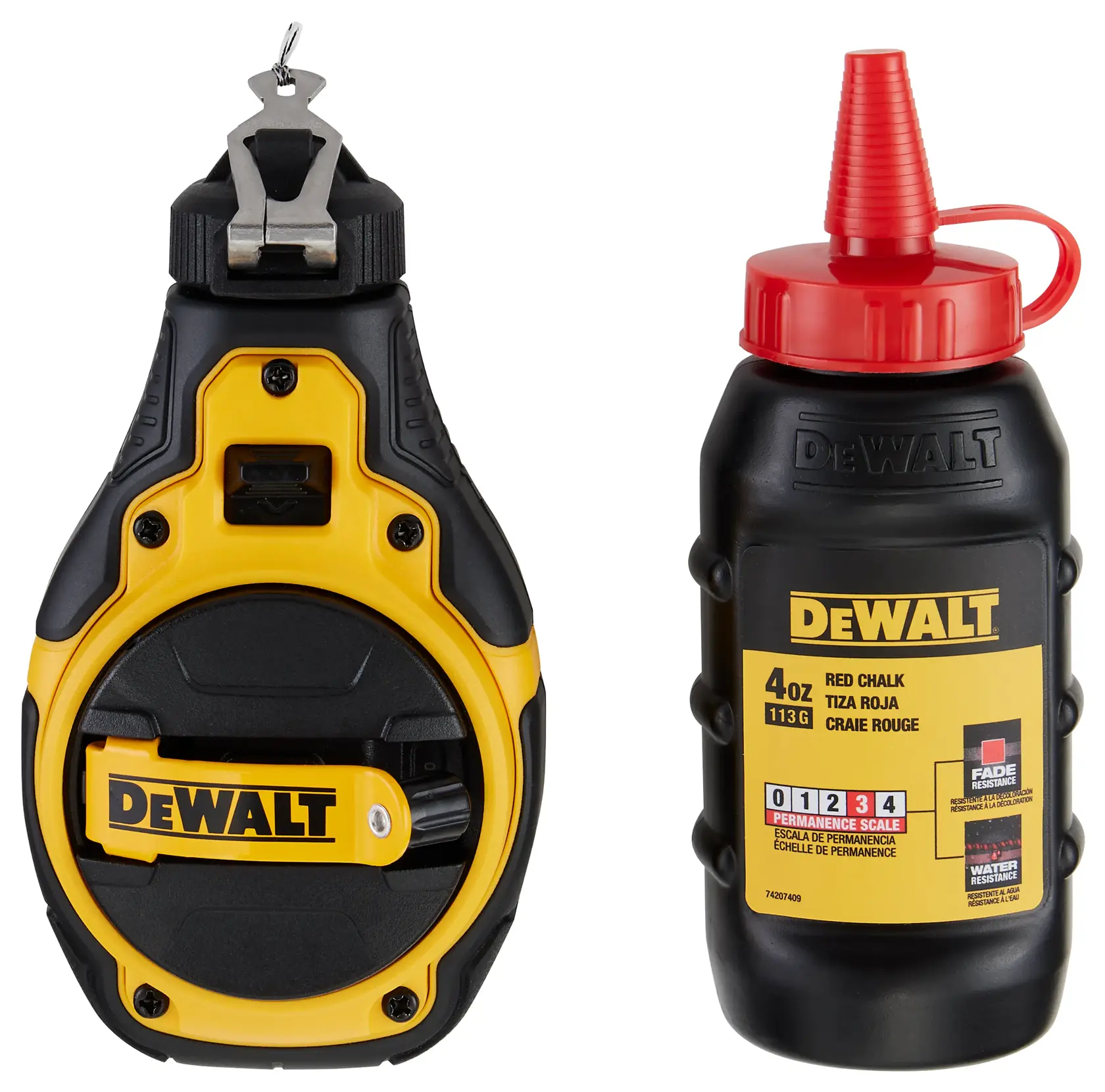 A DEWALT chalk line reel with a yellow and black design, shown next to a bottle of DEWALT red chalk powder with a red nozzle. Both items are used for marking straight lines in construction or carpentry.