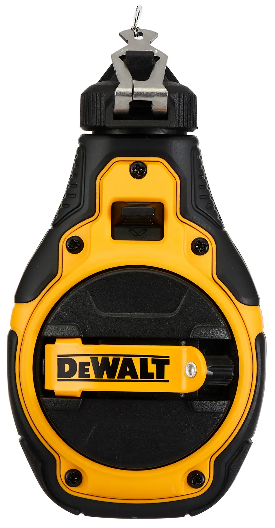Front view of a DEWALT chalk line reel tool with a yellow and black casing. The tool features a metal hook at the top and a winding handle labeled 'DEWALT'.