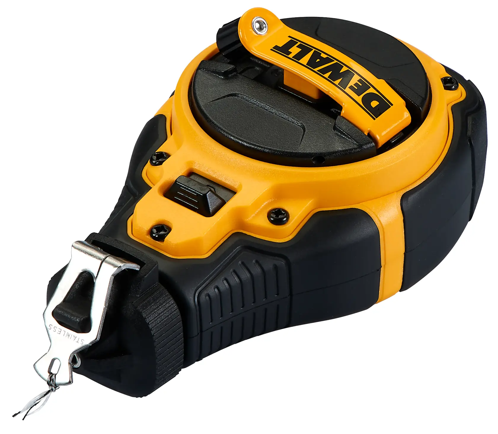 A DEWALT branded chalk reel tool with a durable black and yellow plastic casing, featuring a metal clip and winding handle.