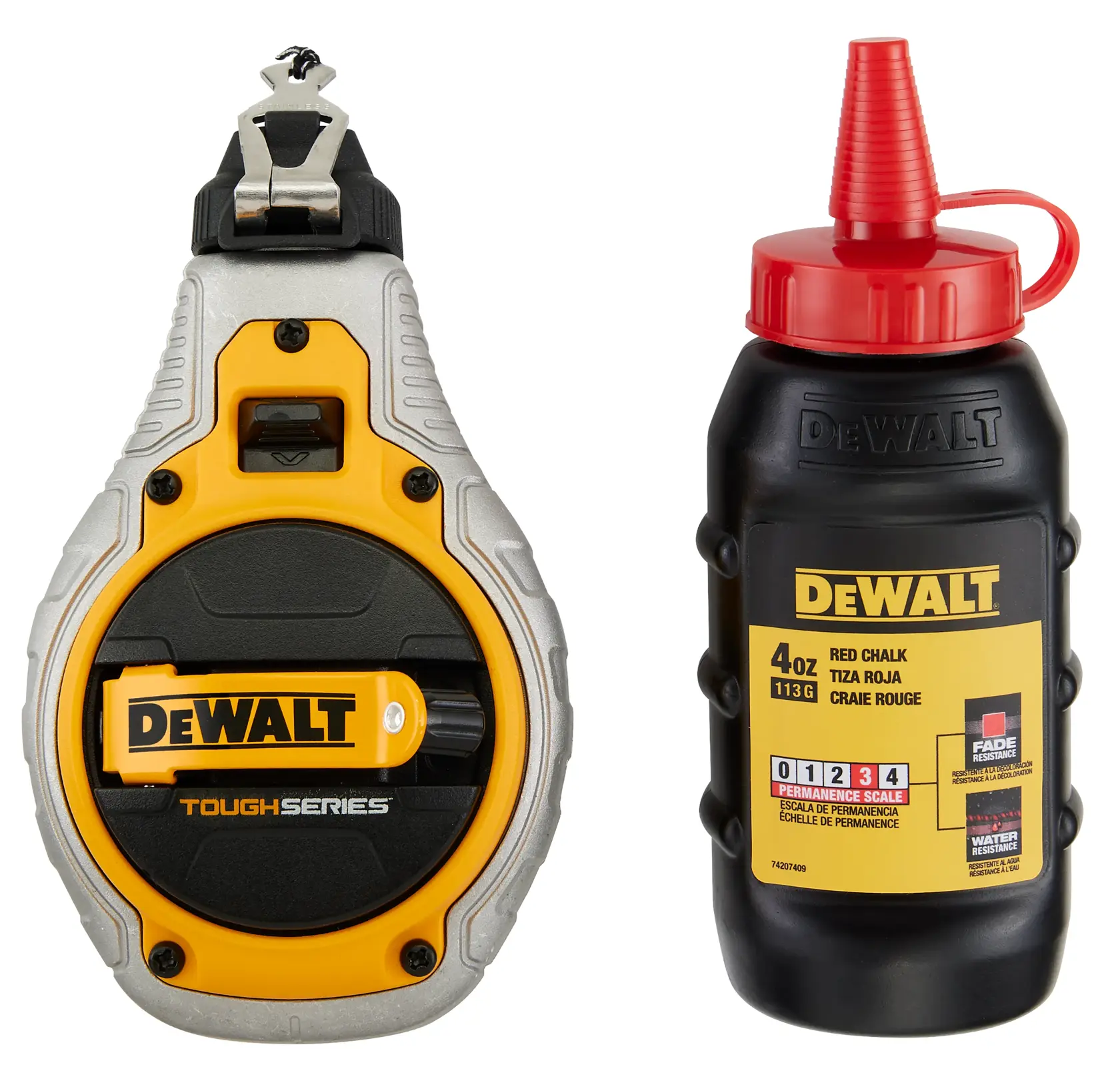 A DEWALT Tough Series chalk line tool and a bottle of DEWALT red chalk for marking, shown side by side with clear branding and product labels.