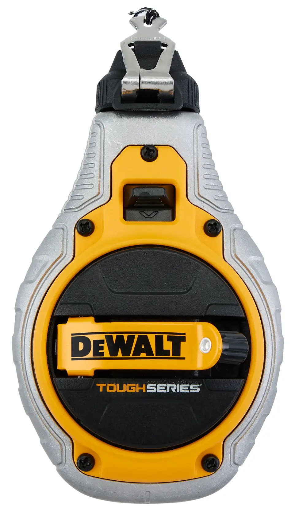 Front view of a DEWALT Tough Series chalk line tool, featuring a yellow and black design with the DEWALT logo and a sturdy metal hook at the top.