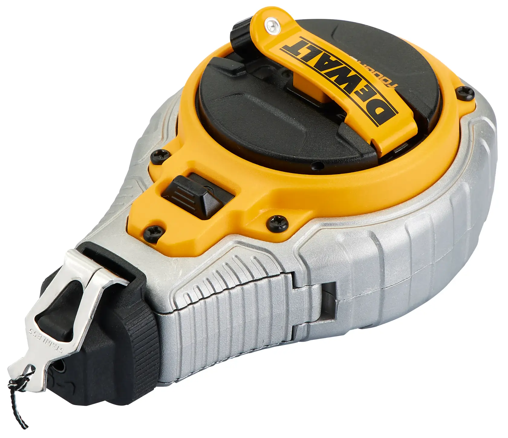A DEWALT-branded measuring tool with a silver and yellow casing, black accents, and a metal hook at the end. The tool appears robust and is used for marking or measuring tasks in construction or photography.