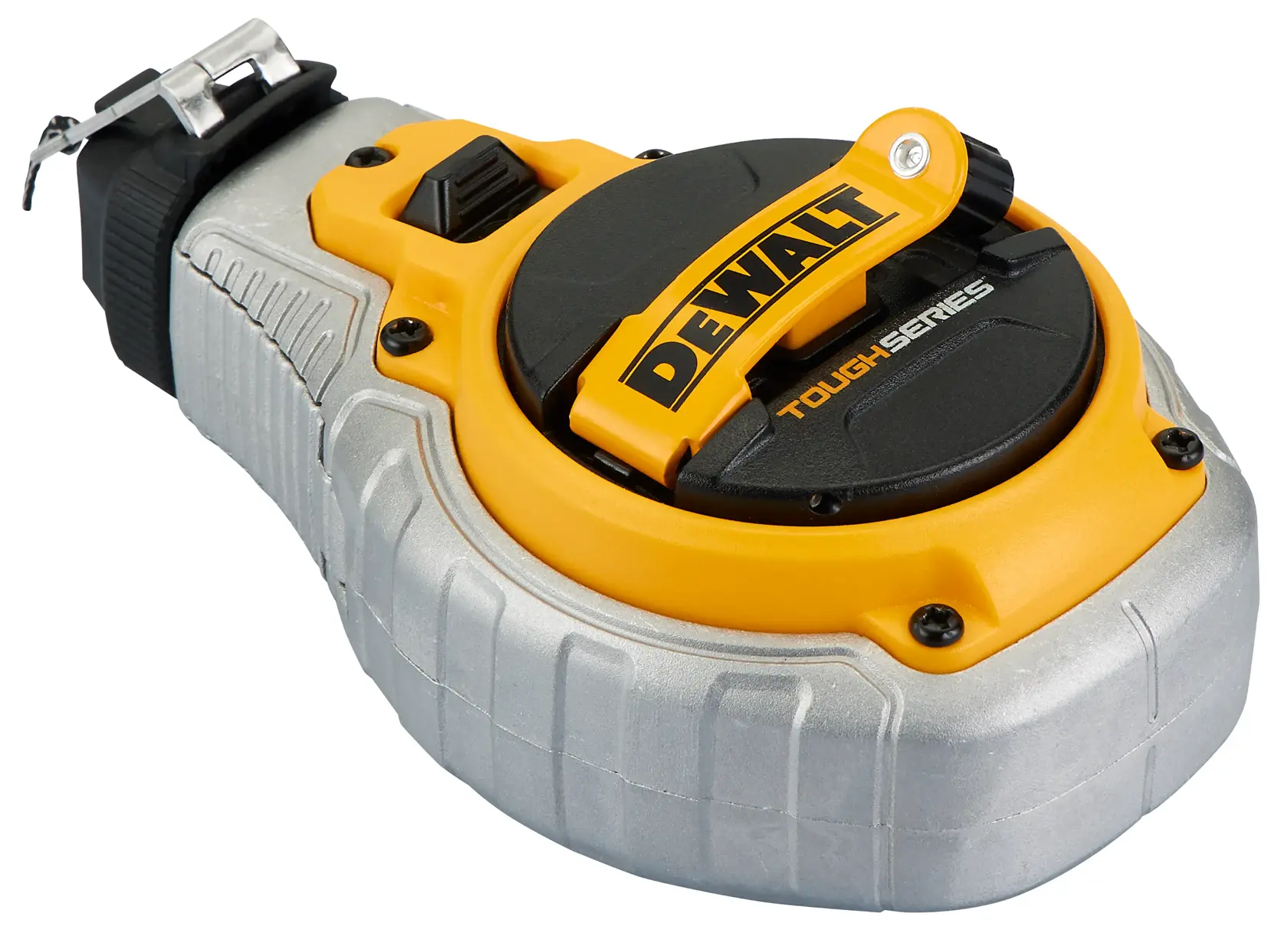 A DEWALT ToughSeries measuring tape with a durable, ergonomic case featuring a yellow and black design. The retractable tape measure is shown with a prominent DEWALT brand label on the handle.