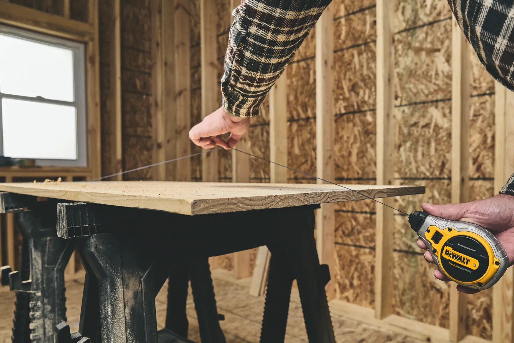 A person holding a DEWALT tape measure and measuring a piece of wood inside a construction site with wooden framing.