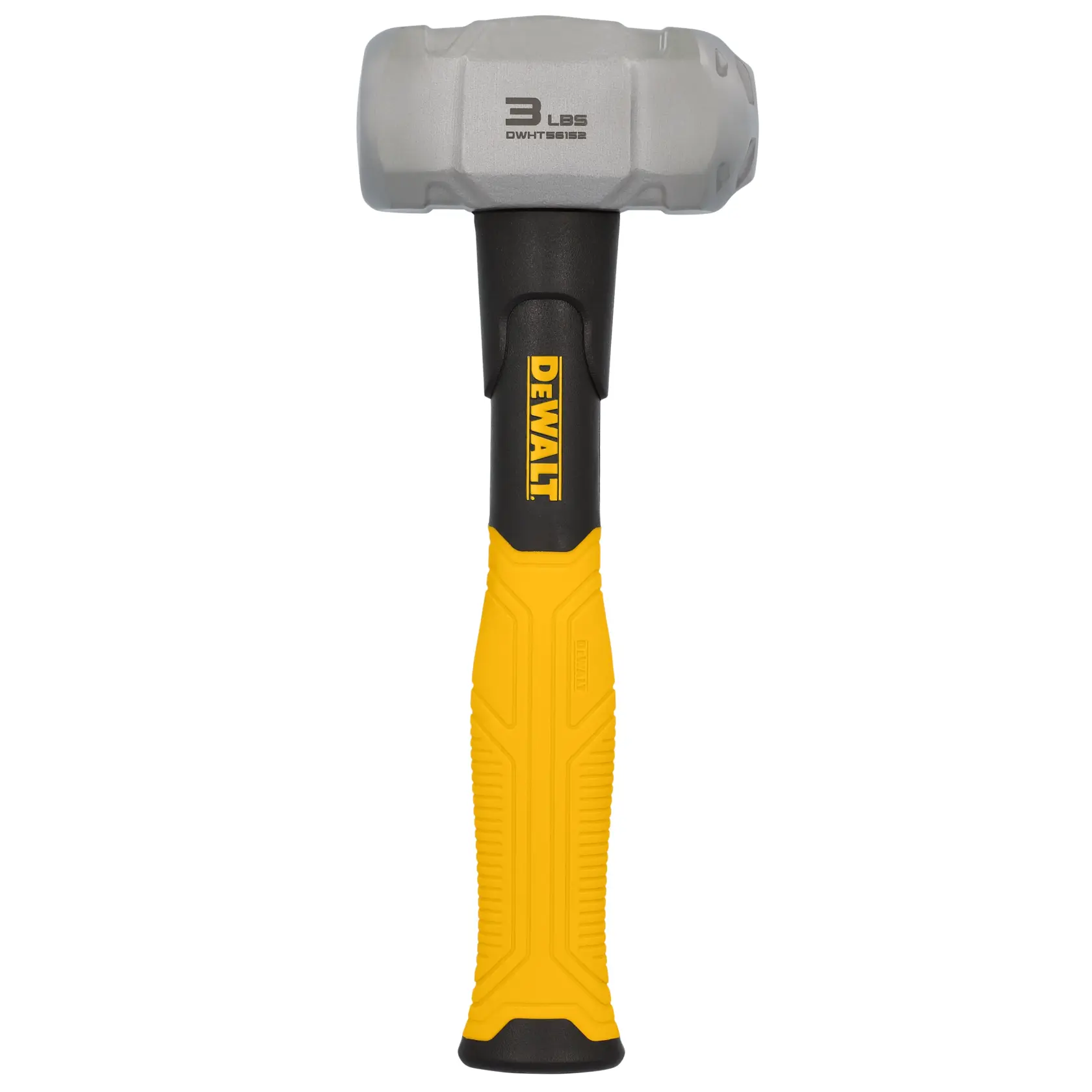 A DEWALT 3 lbs sledgehammer with a yellow and black handle, model DWHT56152. The hammer has a solid metal head and a textured grip.