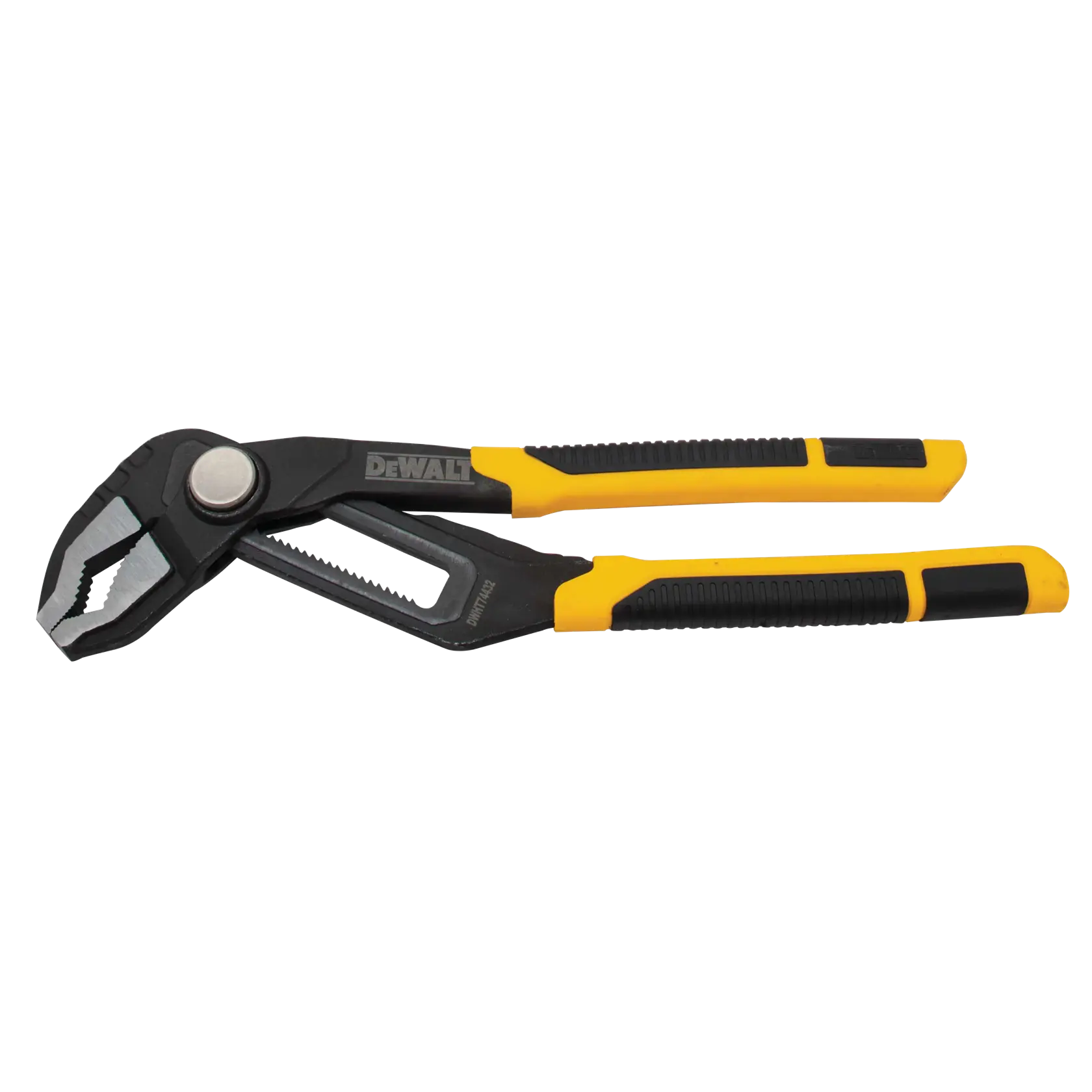 A DEWALT adjustable groove joint plier with black and yellow handles and a metal jaw, shown on a white background.