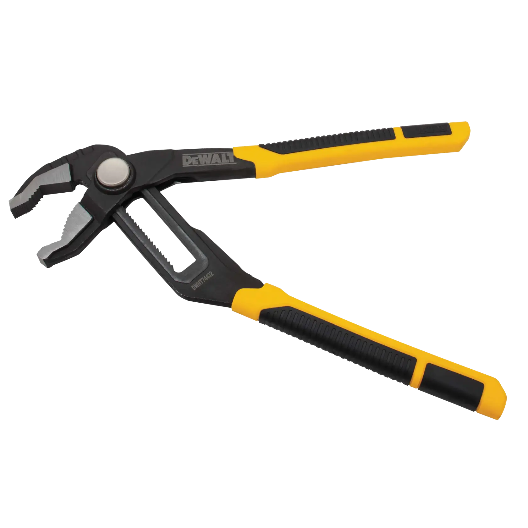 DEWALT adjustable groove joint pliers with yellow and black handle, suitable for gripping and turning objects.