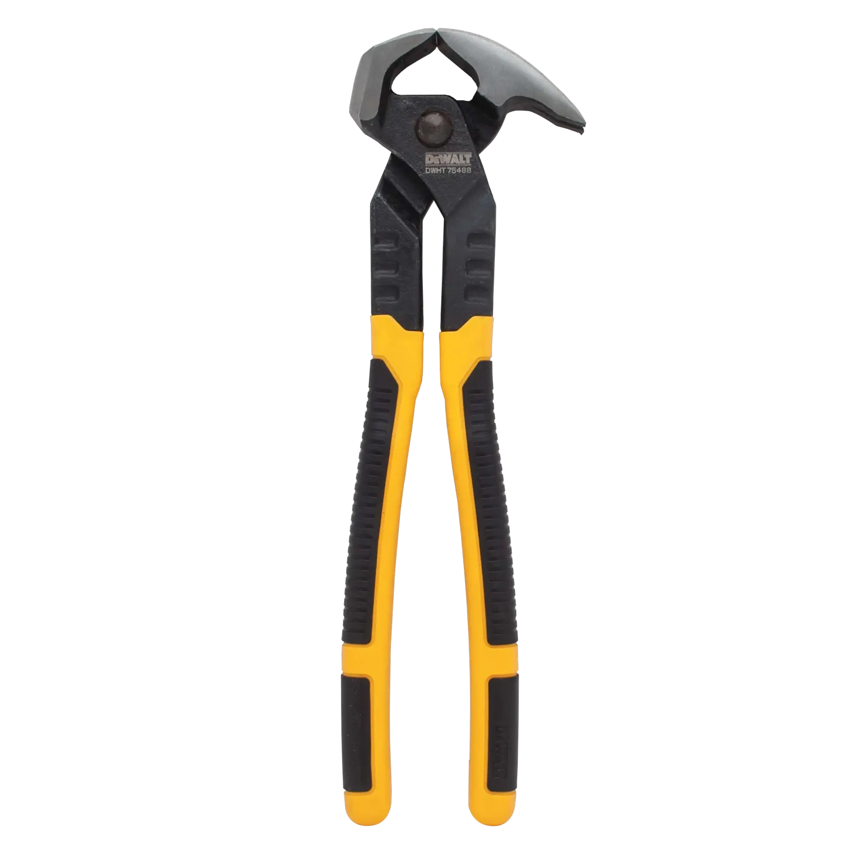 DEWALT ironworker's pliers with yellow and black rubberized handles, model DWHT75488, shown on a white background.