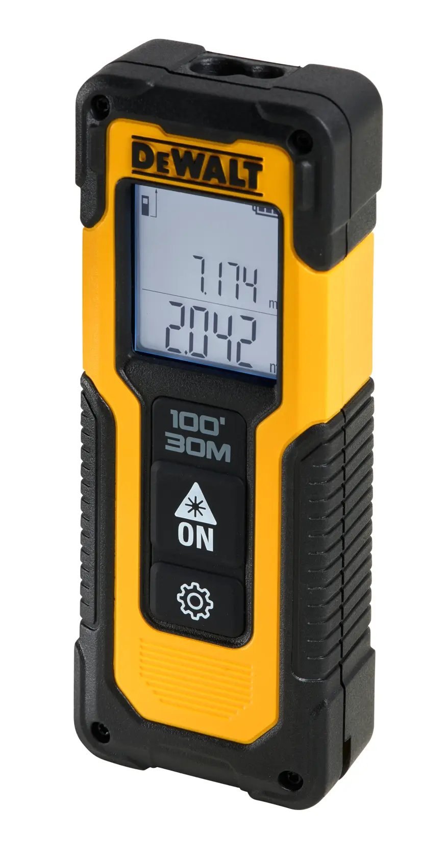 A DEWALT branded laser distance measurer with a digital display showing measurements, rugged yellow and black casing, and control buttons on the front.