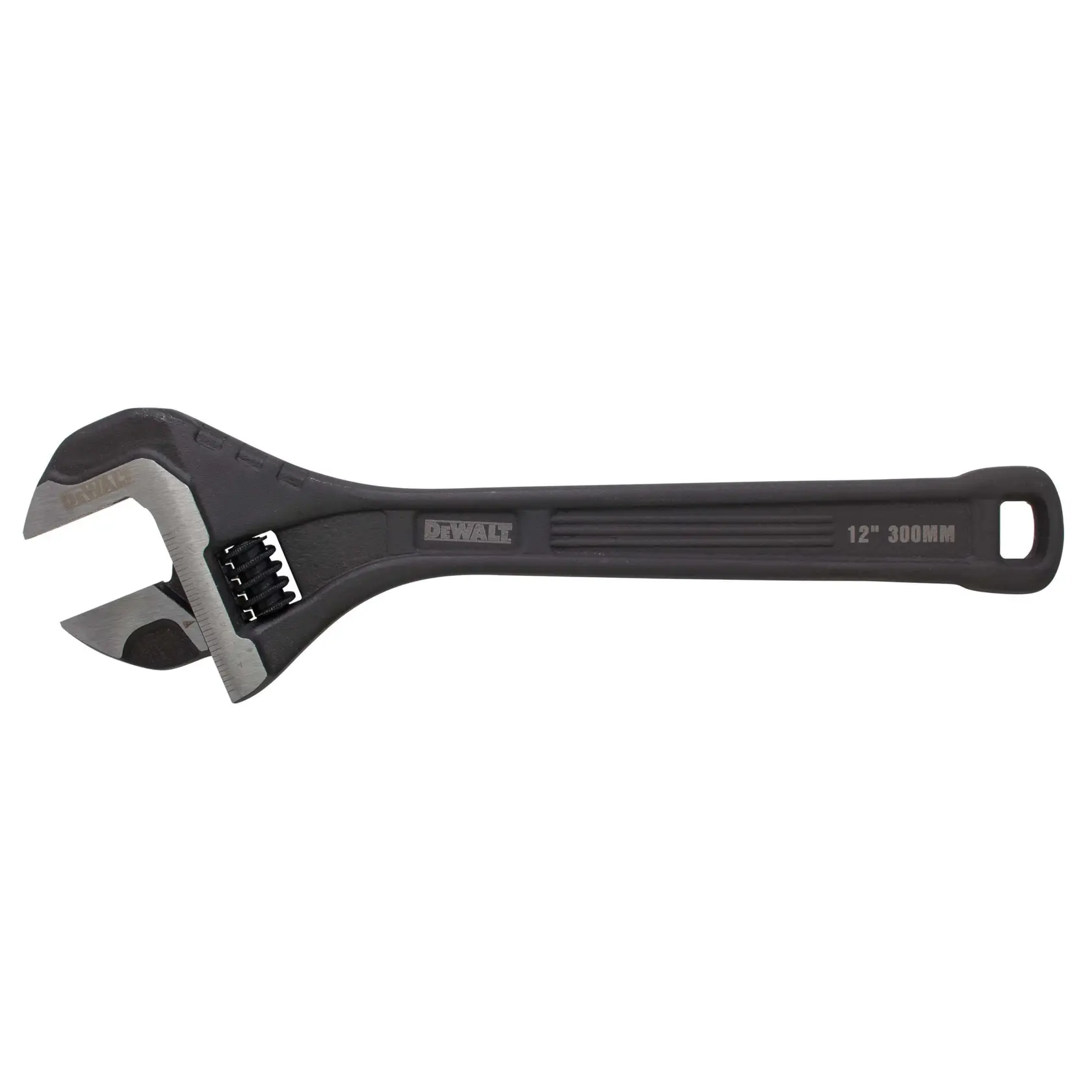 A DEWALT 12-inch adjustable wrench with a black handle and silver jaws, suitable for various tightening and loosening tasks.