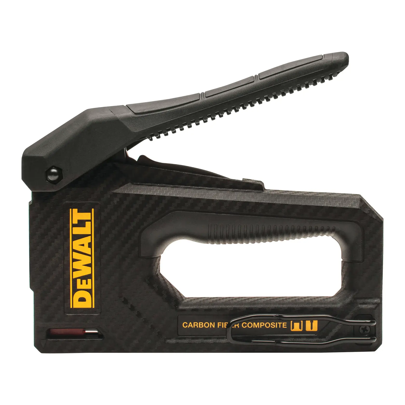 A DEWALT carbon fiber composite staple gun with a black and yellow design, featuring a visible handle and trigger mechanism.
