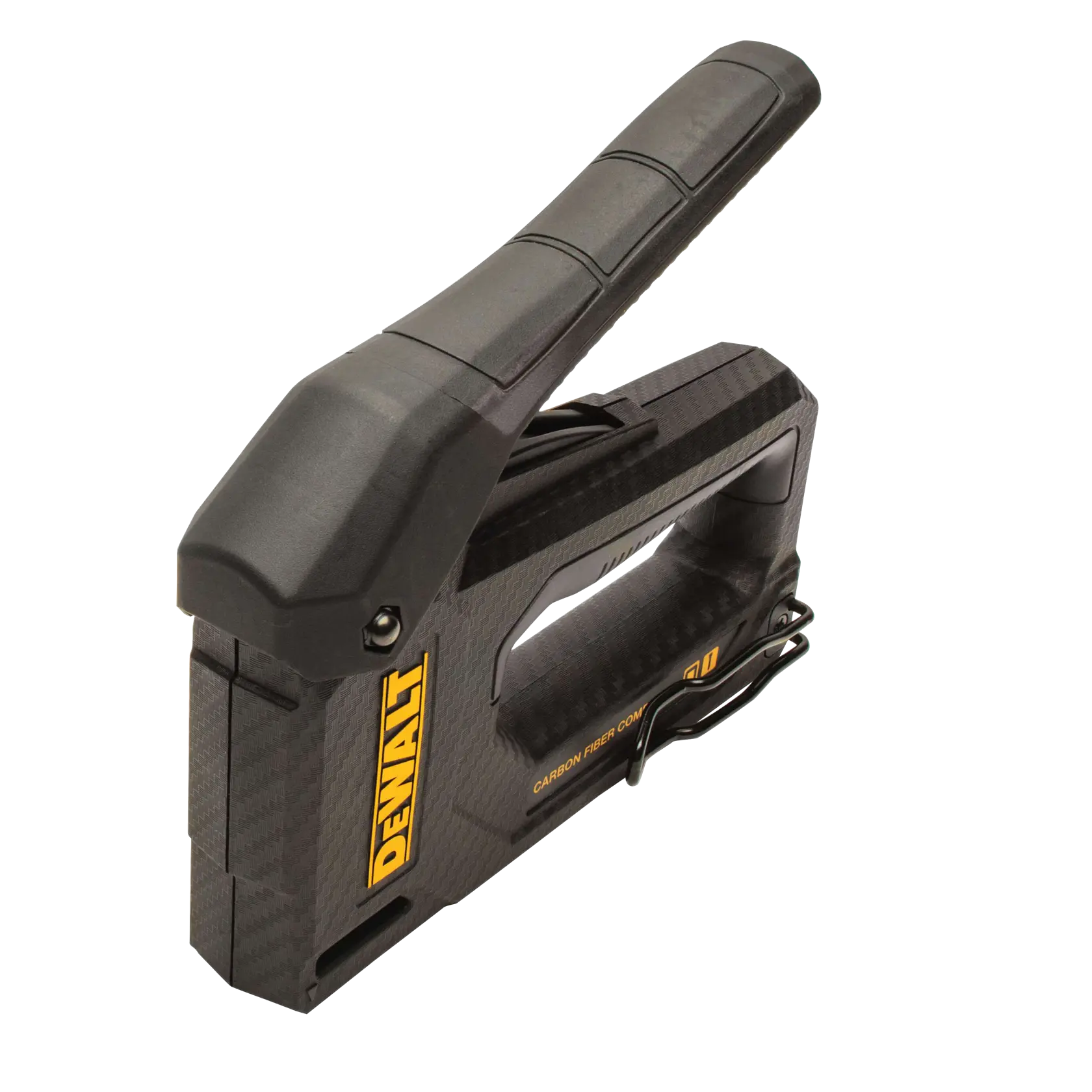A DEWALT carbon fiber composite hand stapler, shown in a three-quarter angle. The stapler is primarily black with a yellow DEWALT logo, featuring a large ergonomic handle and a durable design.