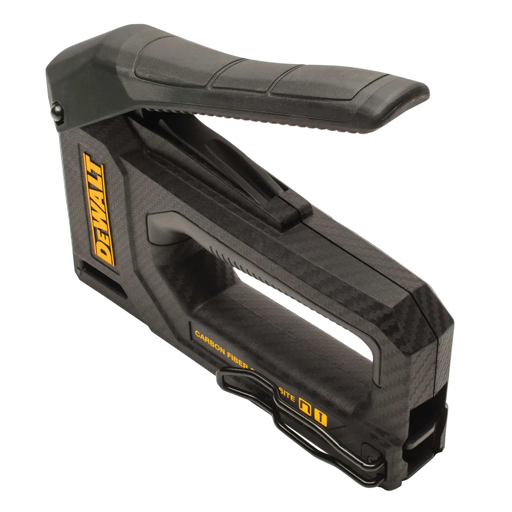 A DEWALT carbon fiber hand stapler with an ergonomic handle, shown in black with yellow branding. The tool is designed for heavy-duty construction and fastening tasks.