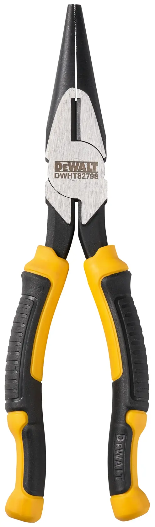 A DEWALT long nose pliers with black and yellow handles, SKU DWHT82798-0, shown against a white background.
