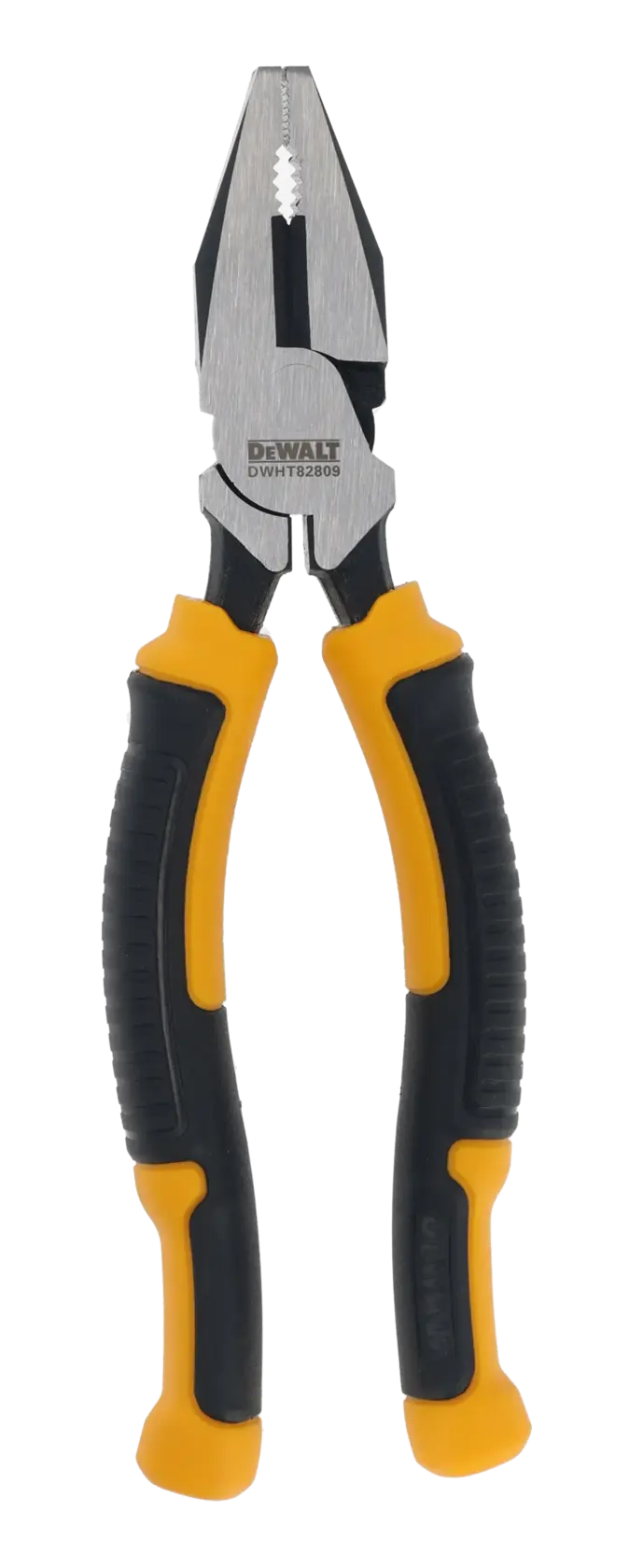 DEWALT combination pliers with yellow and black handles, model DWHT82809, on a white background.