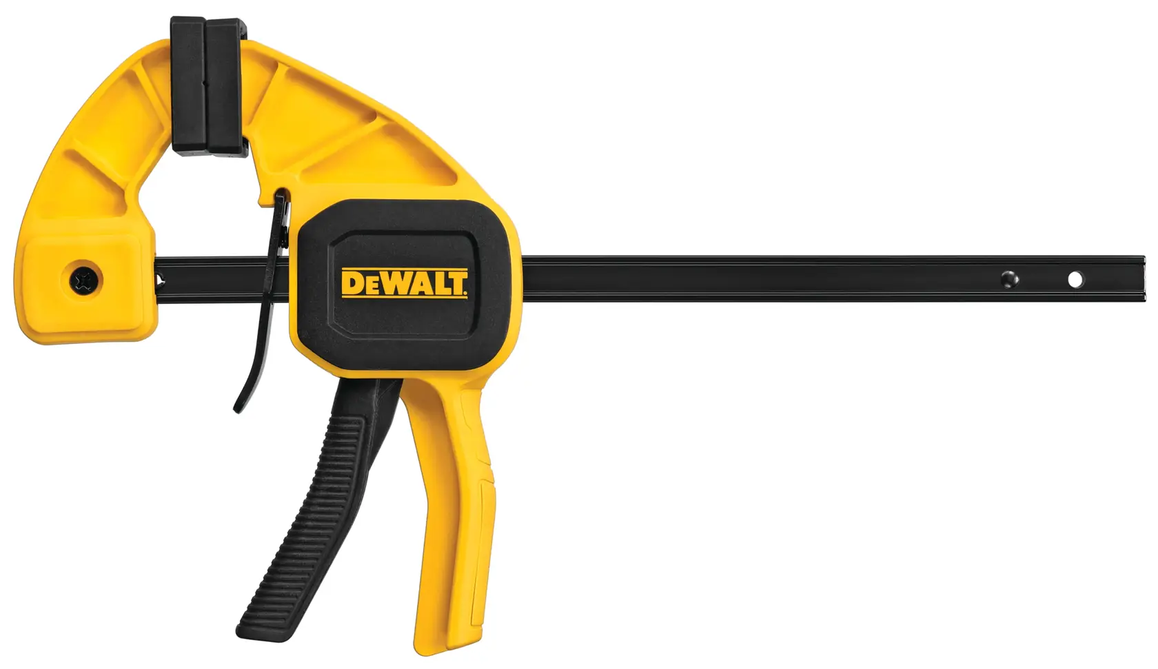 A DEWALT bar clamp with a yellow and black body, featuring a trigger handle for easy adjustment and a sturdy metal bar for holding materials in place.