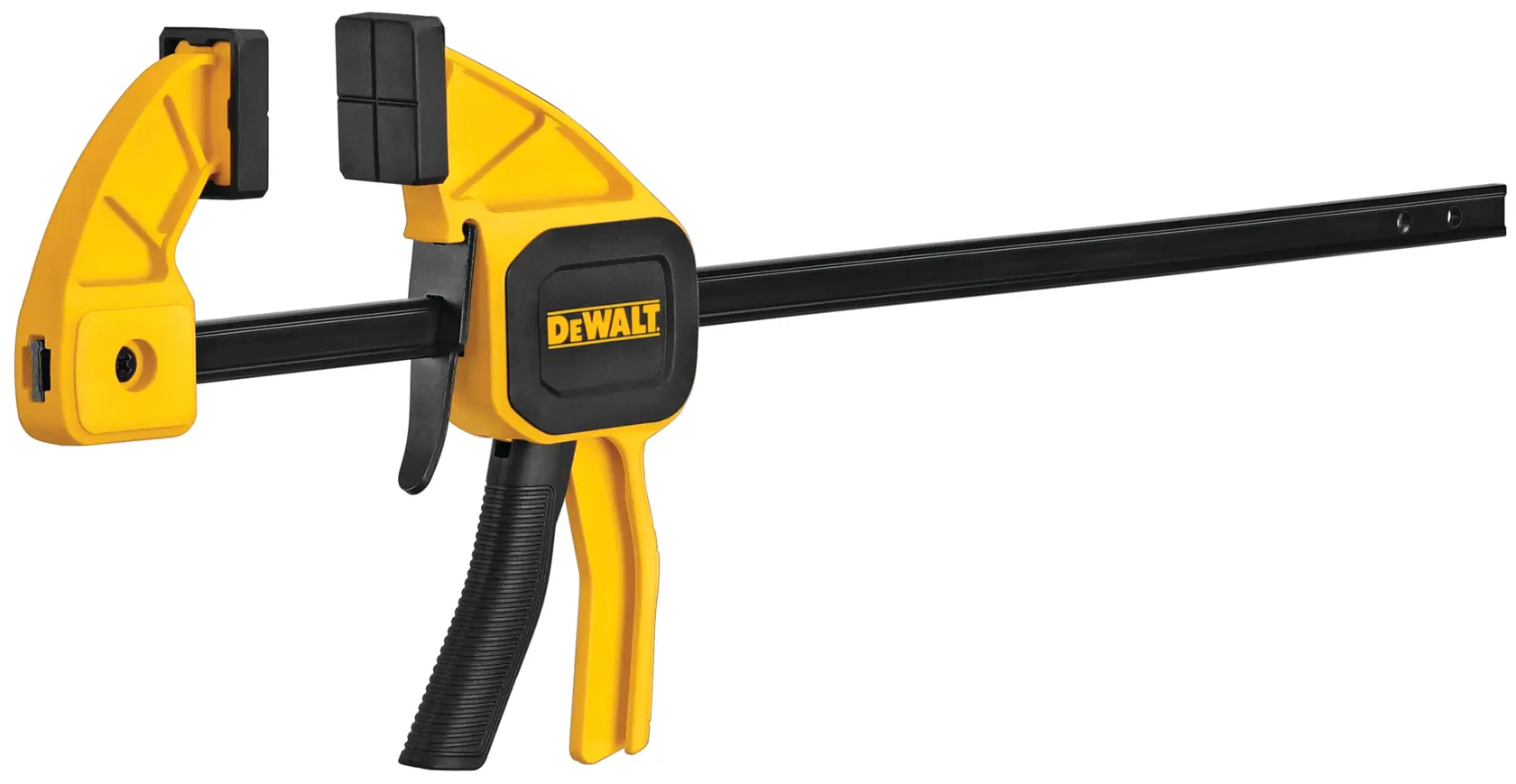 A DEWALT quick grip clamp with a yellow and black design. The clamp has a trigger handle and padded jaws for securely holding materials together.