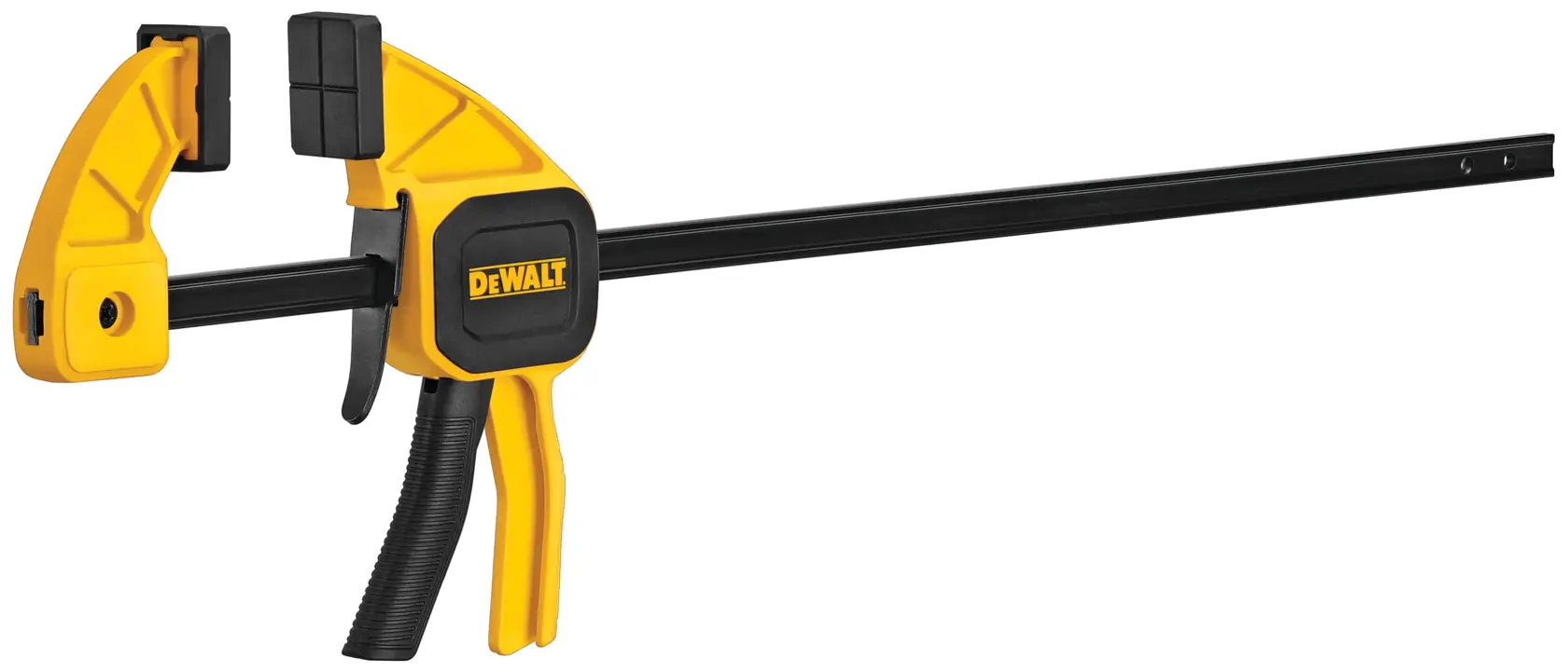 A DEWALT trigger clamp with a yellow and black body, featuring a long metal bar for securing materials.
