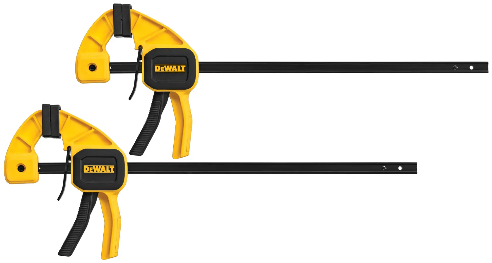 Two DEWALT trigger clamps with yellow and black handles, designed for woodworking or other clamping applications.