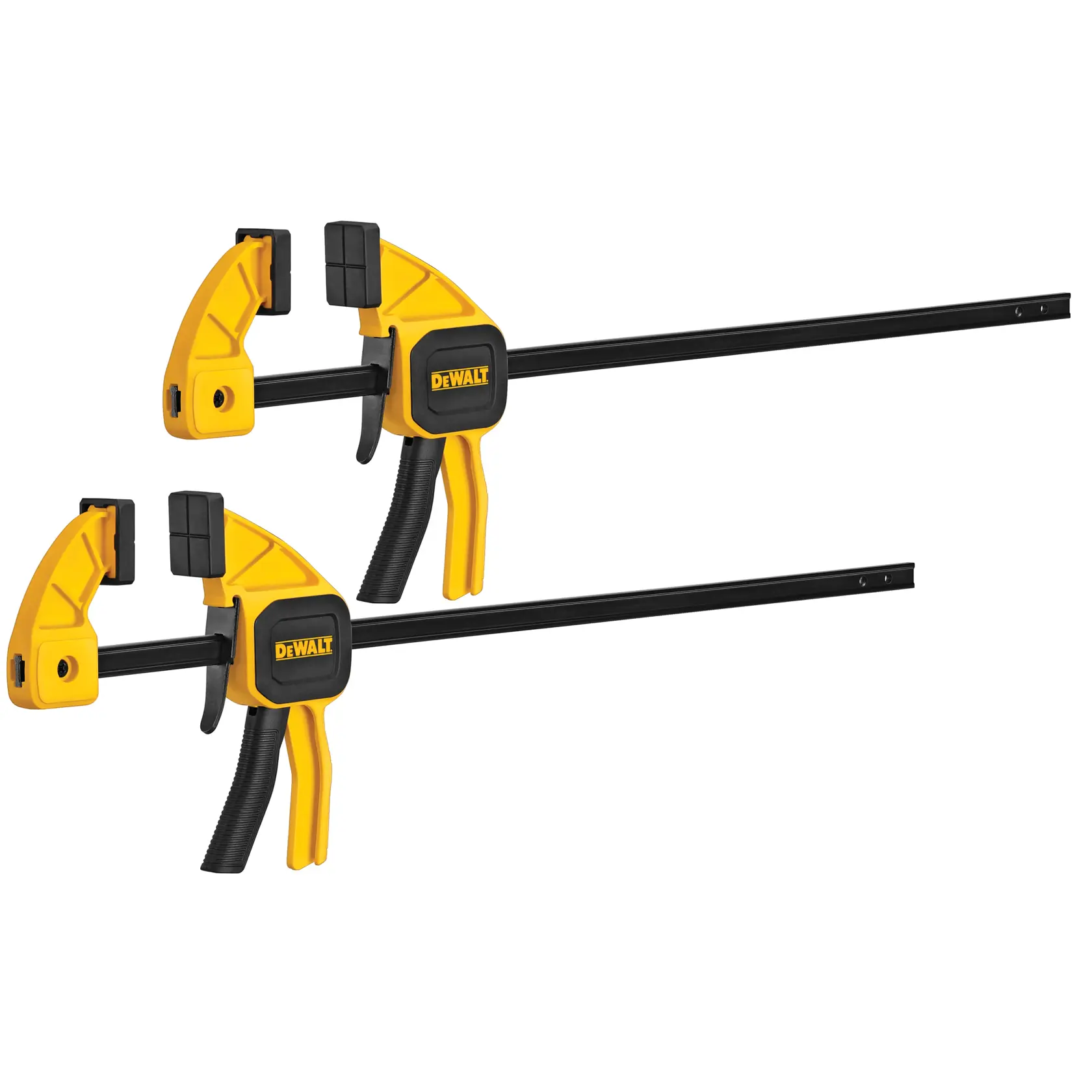 Two DEWALT trigger clamps with yellow and black handles, designed for securing objects during woodworking or construction tasks. The clamps have adjustable jaws and are positioned parallel to each other.