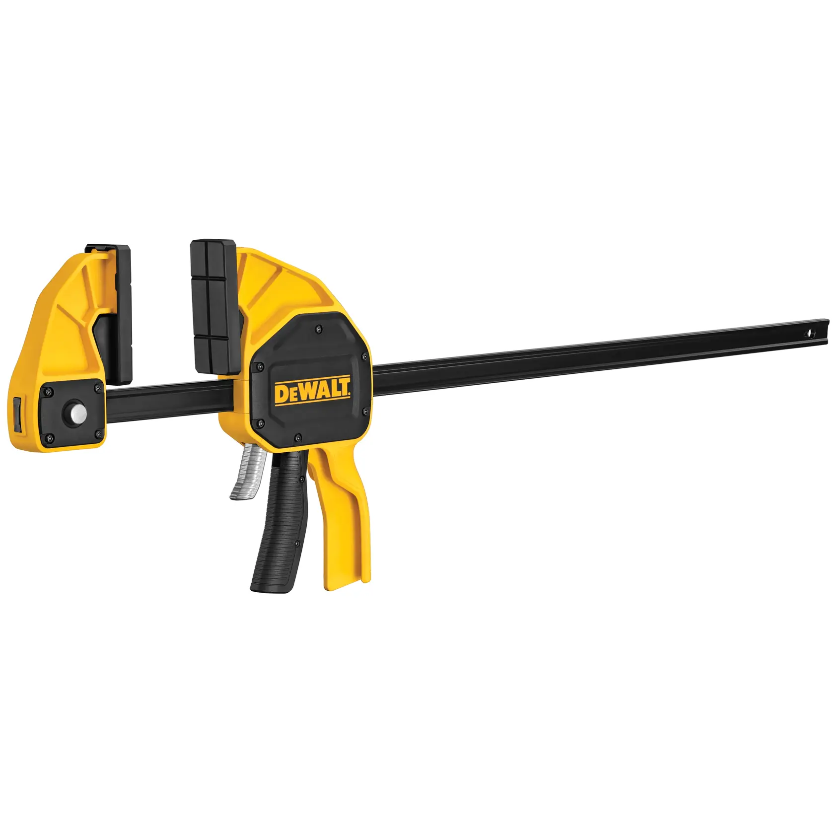 A DEWALT trigger clamp with a yellow and black design, featuring a long black metal bar and a hand grip for tightening or loosening the clamp.