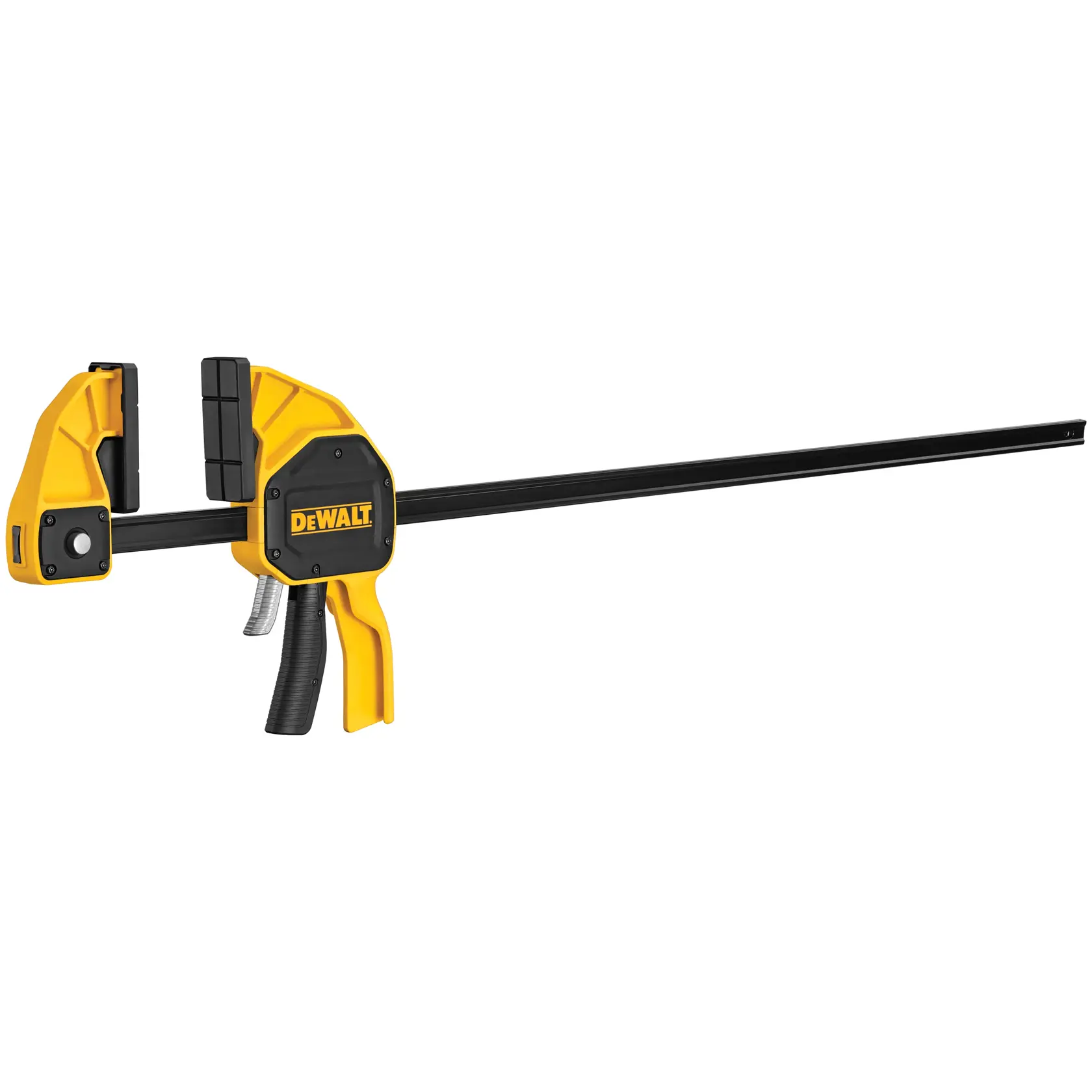 A DEWALT brand yellow and black trigger clamp tool, used for holding materials securely in place during woodworking or other projects.