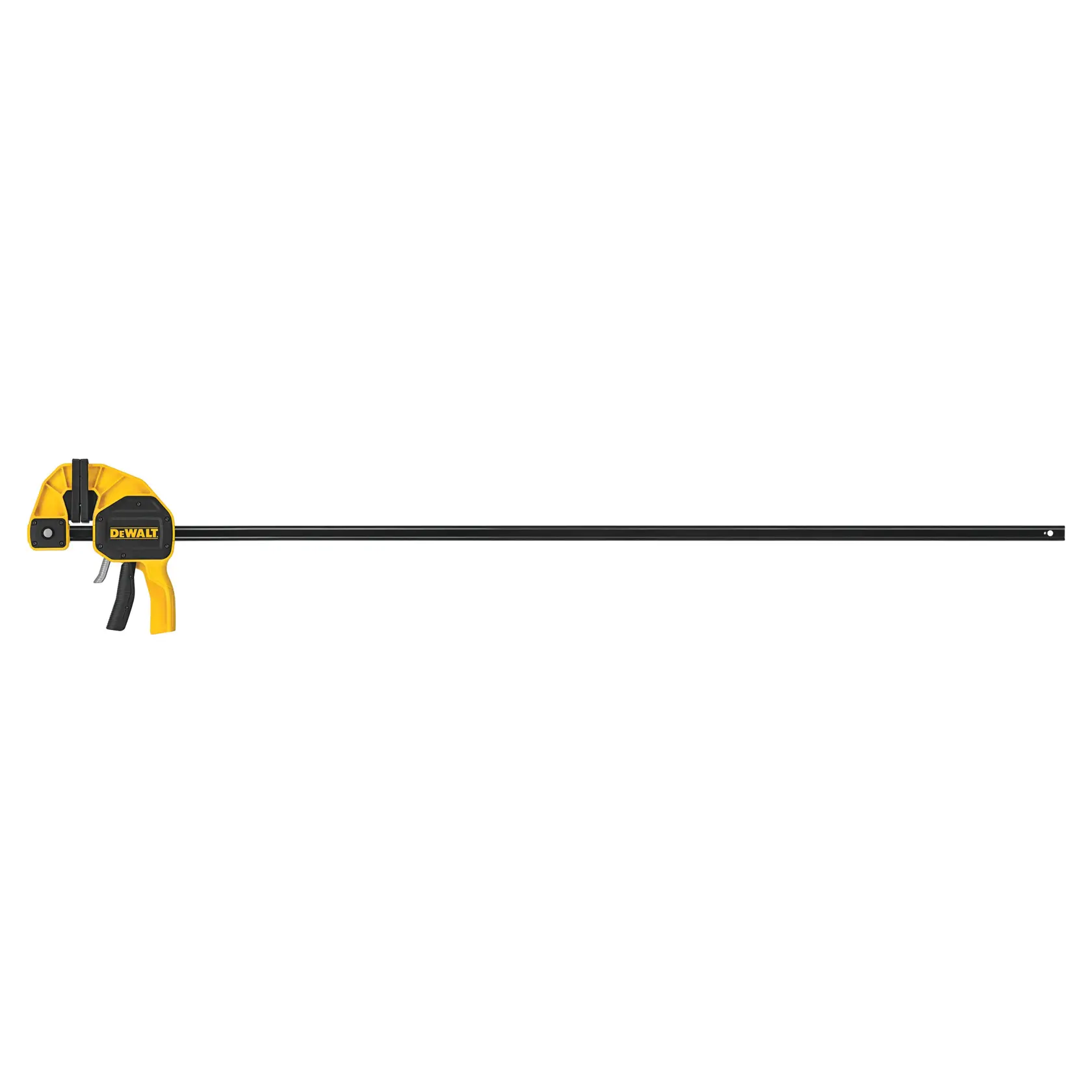 A DEWALT bar clamp with a yellow and black handle and long black metal bar, designed for securing materials during woodworking or construction.
