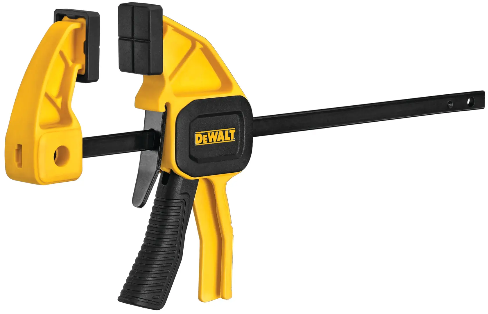 A DEWALT trigger clamp with a yellow and black body, designed for securing materials during woodworking or other tasks. The clamp features a pistol-grip handle for easy operation.