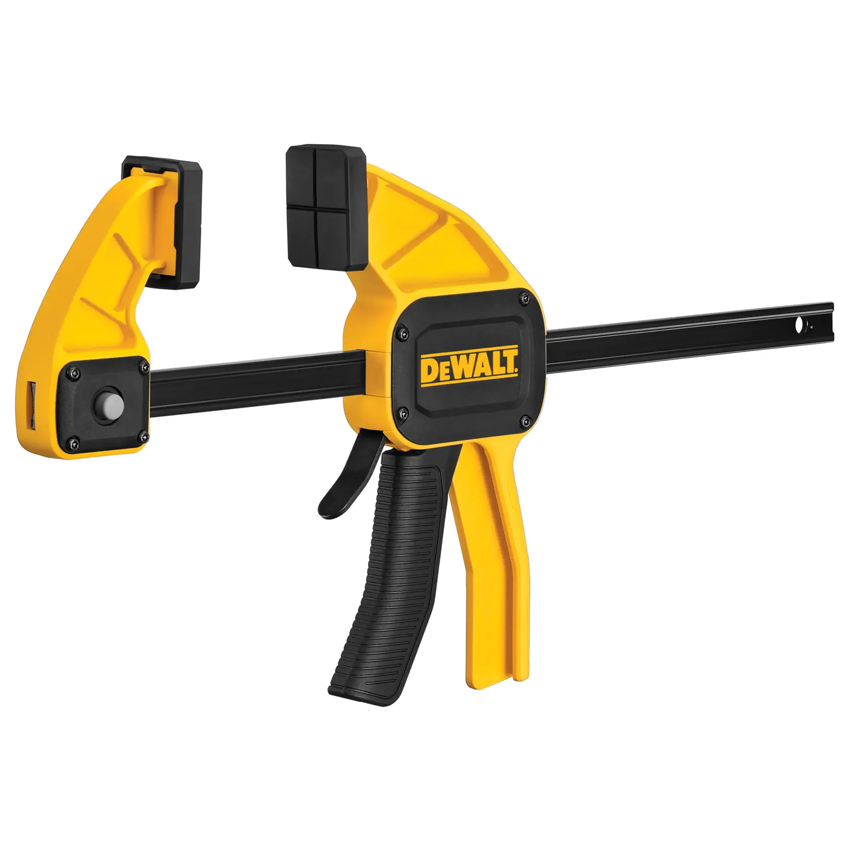 A DEWALT quick grip clamp with a yellow and black handle, used for securing materials during woodworking or other tasks.