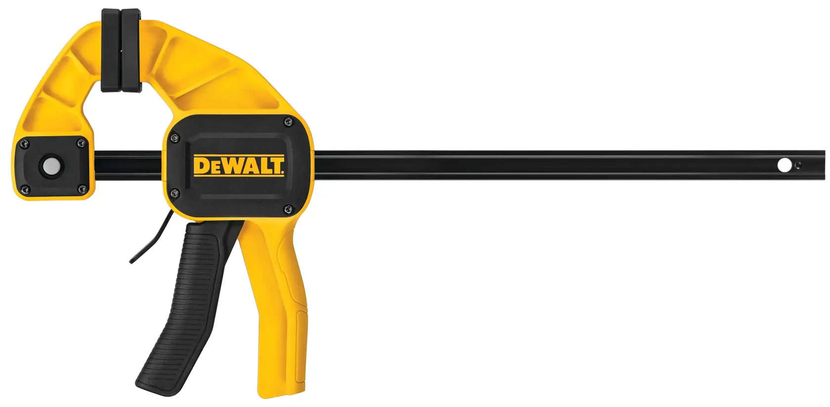 A DEWALT branded trigger clamp with a yellow and black design, featuring padded jaws and a metal bar for adjustable clamping, suitable for woodworking and other projects.