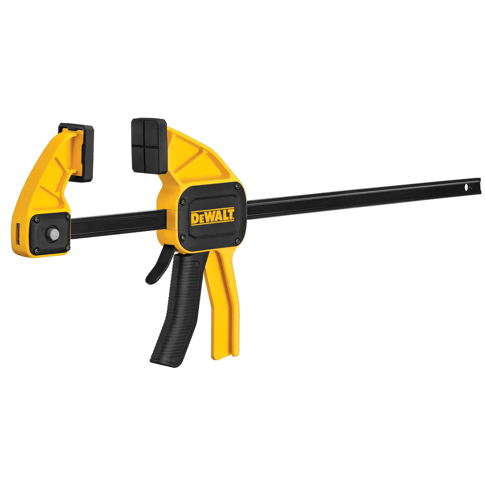 A DEWALT bar clamp with a yellow and black design, featuring a trigger mechanism for one-handed operation. The clamp is used for securing objects in woodworking or other projects.