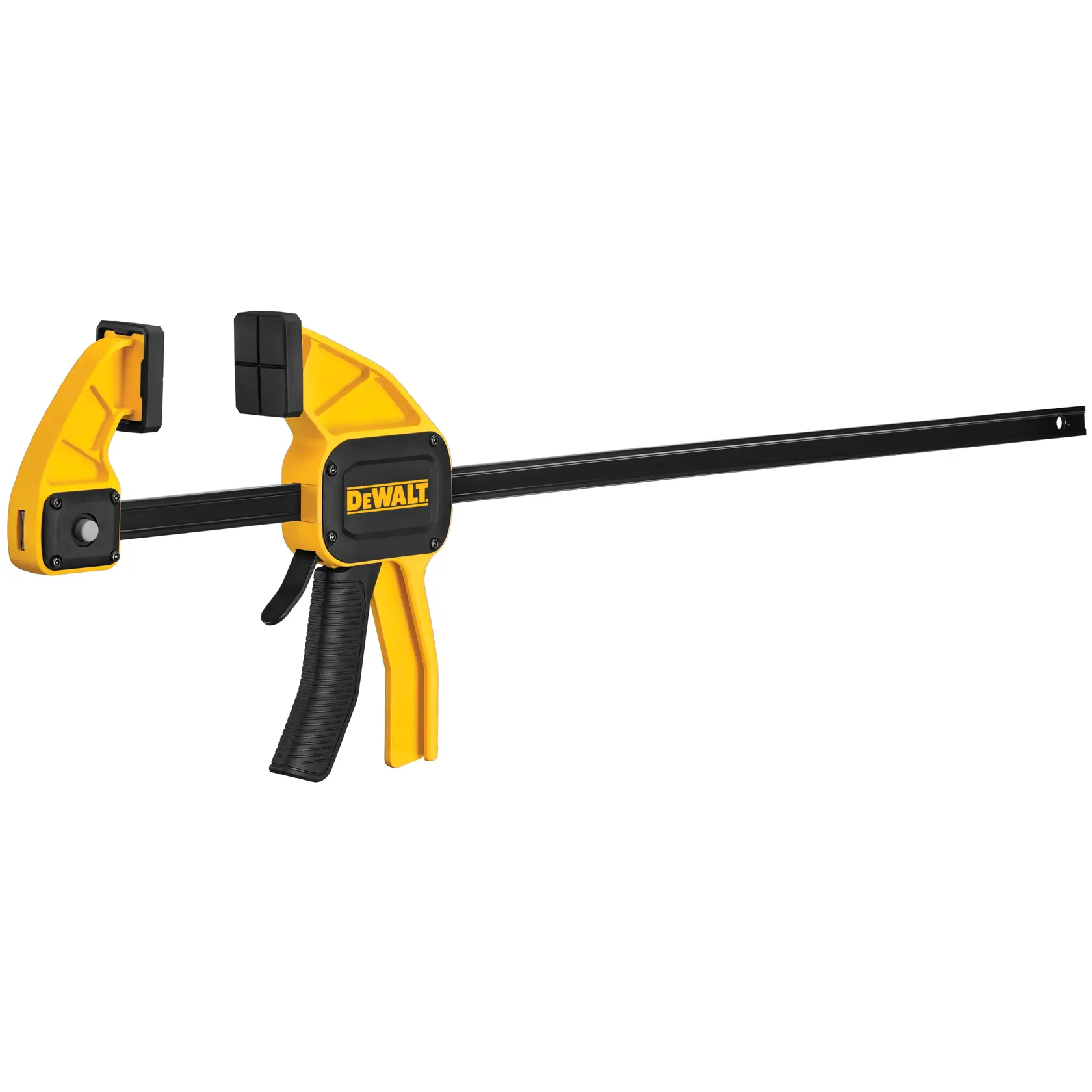 A yellow and black DEWALT trigger clamp with a long metal bar, used for holding objects tightly in woodworking or construction projects.