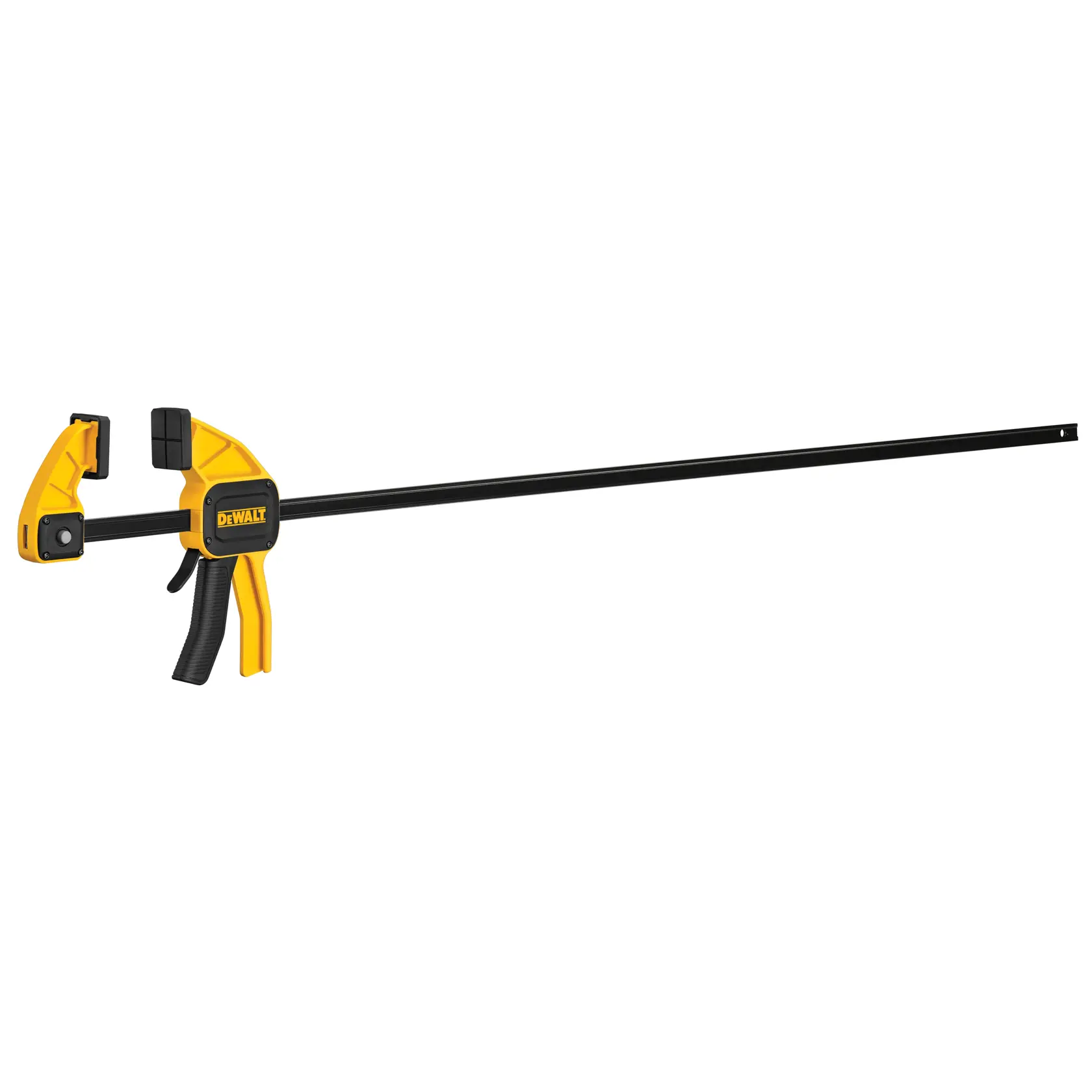 A DEWALT trigger clamp with a long black bar and yellow handle, designed for woodworking and securing materials.