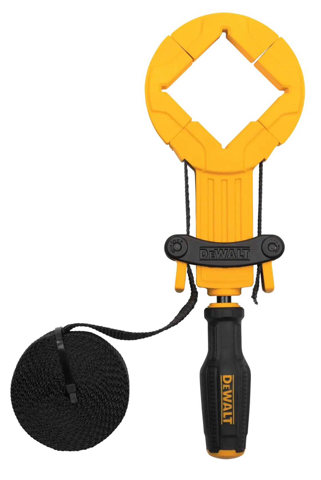 DEWALT photography accessory featuring a yellow and black handheld tool with a circular frame and square opening, attached to a black string and coiled cord.