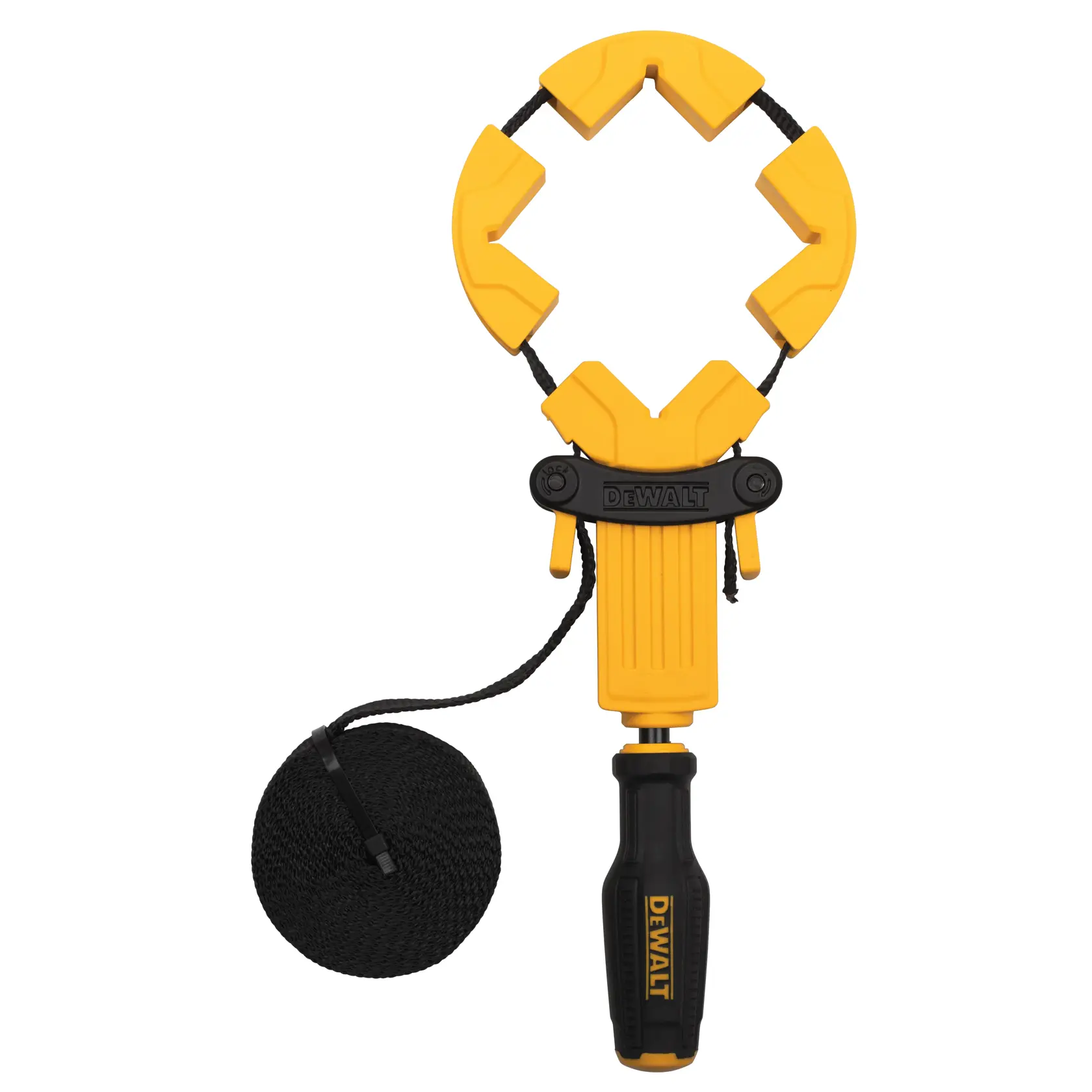 A DEWALT corner clamp with a yellow plastic body, a black handle, and a coil of black rope attached. The clamp is designed for holding photography backdrops or materials securely in place.