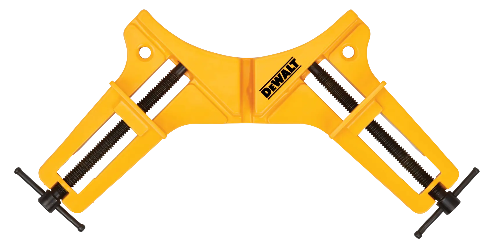 A yellow DEWALT corner clamp tool, model DWHT83840, designed for holding materials at a 90-degree angle during woodworking or assembly tasks.