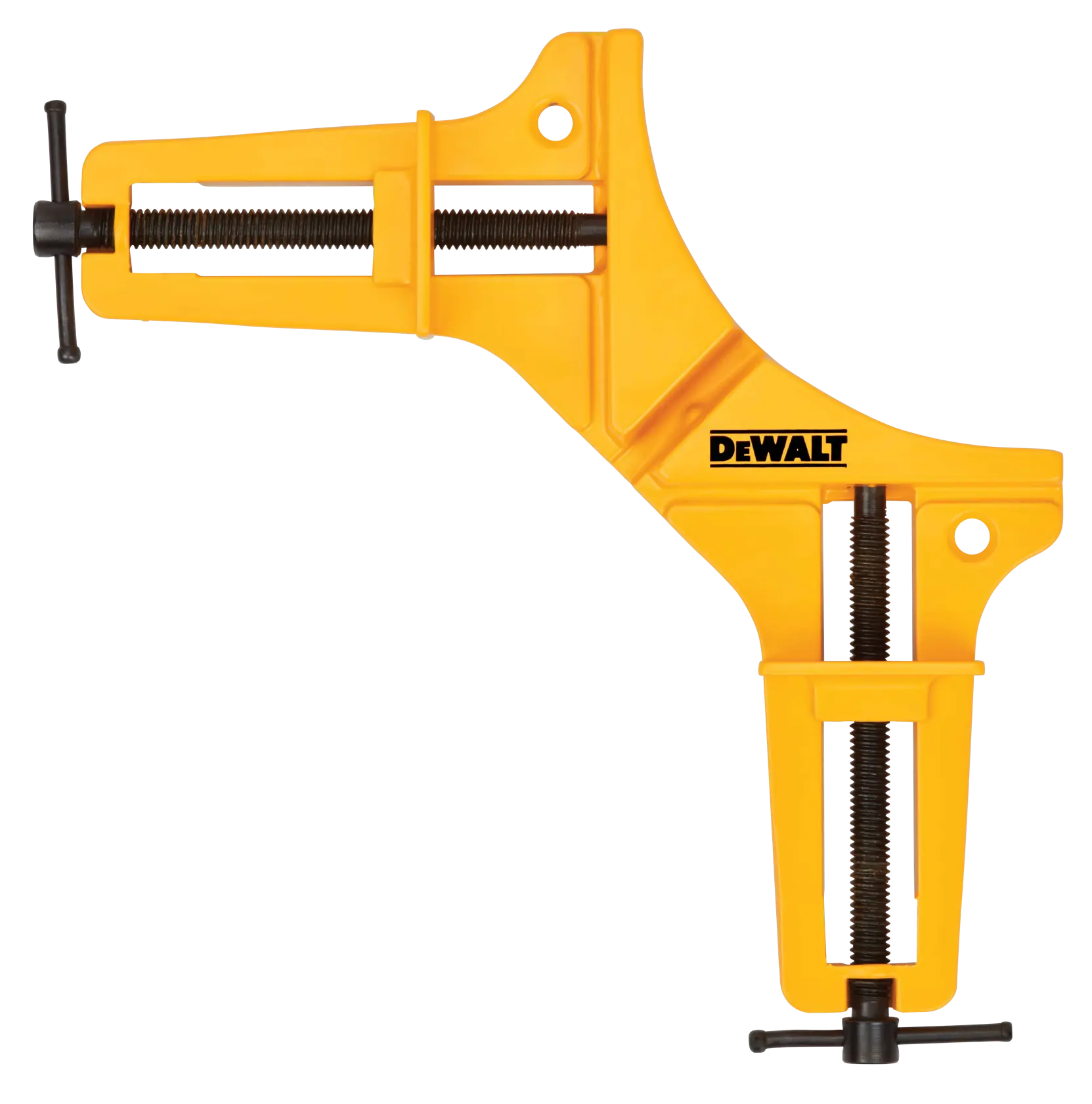 DEWALT yellow corner clamp tool with black threaded handles, used for securing materials at a right angle.